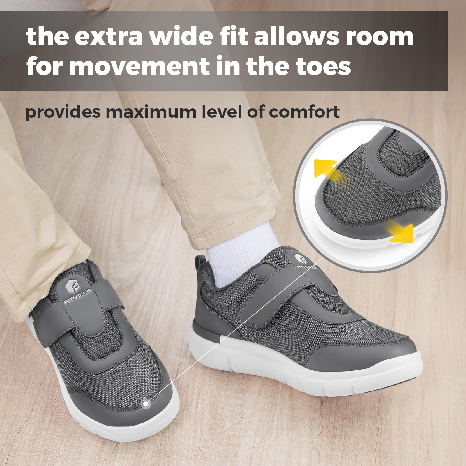 FitVille Scarpe Uomo Extra Larghe Scarpe Casual Sneaker per Piedi Sensibili Regolabili con Chiusura a Strappo