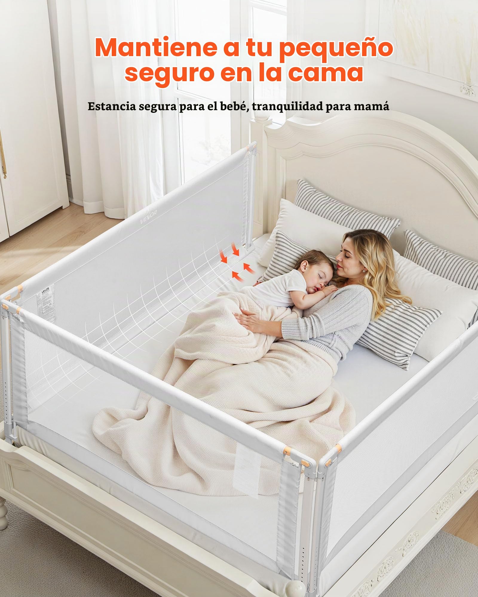 VEVOR Barandilla de Cama Infantil de 3 Lados, Tubo de Hierro Reforzado, Tela Oxford, Altura Ajustable de 68 a 89 cm, para Camas Tamaño King, Grosor de Colchón de 5 a 27 cm, 2000 x 620 mm, Gris