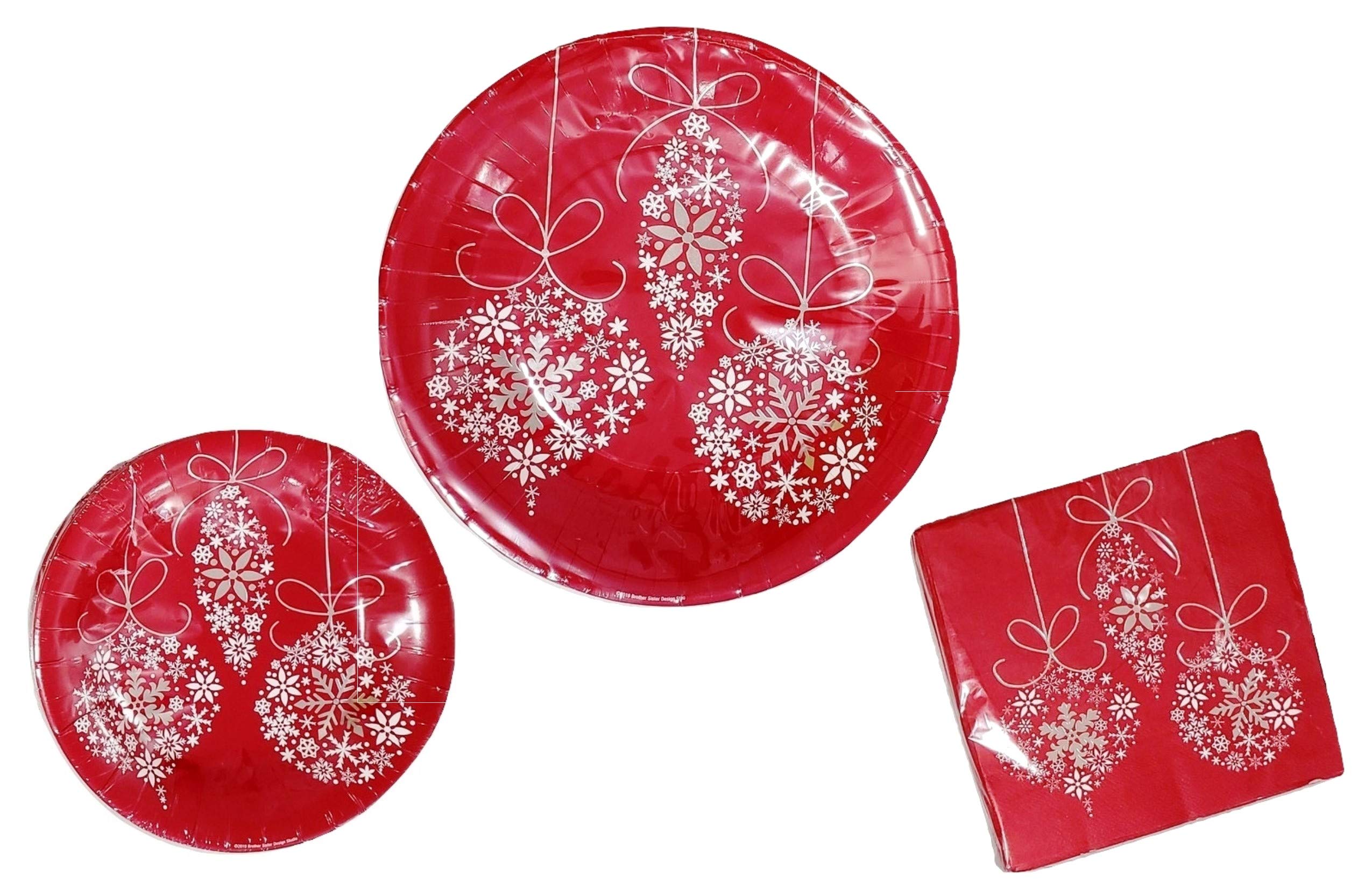 Simply Elegant Shiny Silver & White Snowflakes Christmas Ornaments w Holiday Red Disposable Paper Plates & Party Napkins - 2 Items: 20 Dinner Plates & 30 Large Napkins (NO DESSERT PLATES)