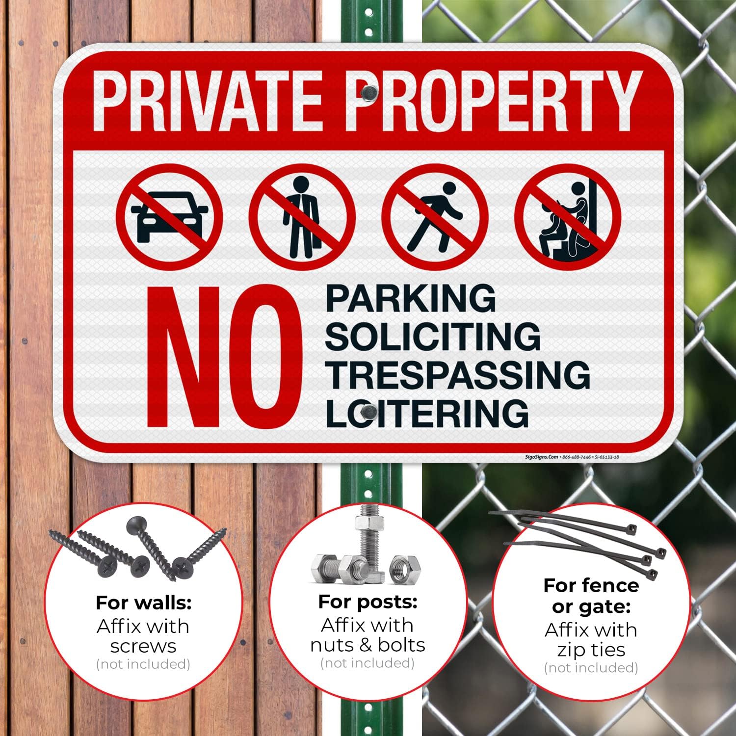 Private Property No Parking Soliciting Trespassing Or Loitering Sign, 12x18 Inches, 3M EGP Reflective .063 Aluminum, Fade Resistant, Made in USA