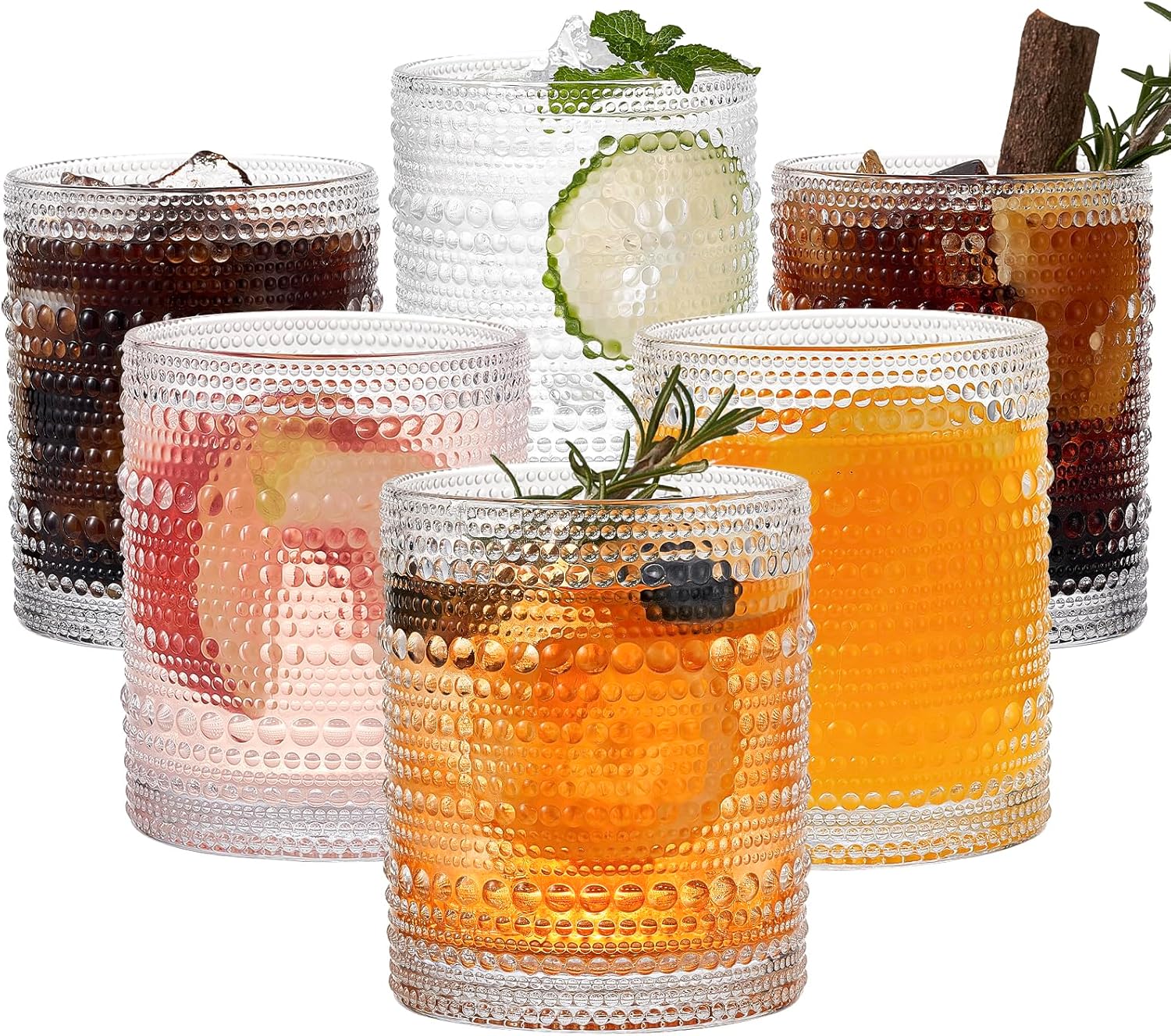 Vintage Glassware Drinking Glasses Set of 6, 12oz Hobnail Glasses Tumbler, Clear Embossed Vintage Glassware Set for Beer, Whiskey, Cocktail, Soda, Beverages,Gift