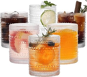 Vintage Glassware Drinking Glasses Set of 6, 12oz Hobnail Glasses Tumbler, Clear Embossed Vintage Glassware Set for Beer, Whiskey, Cocktail, Soda, Beverages,Gift