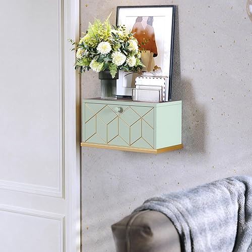 Miniatura 6 de HLR Mesita de noche flotante, pequeña mesita de noche con puerta de solapa, mesita de noche flotante montada en la pared para dormitorios, verde