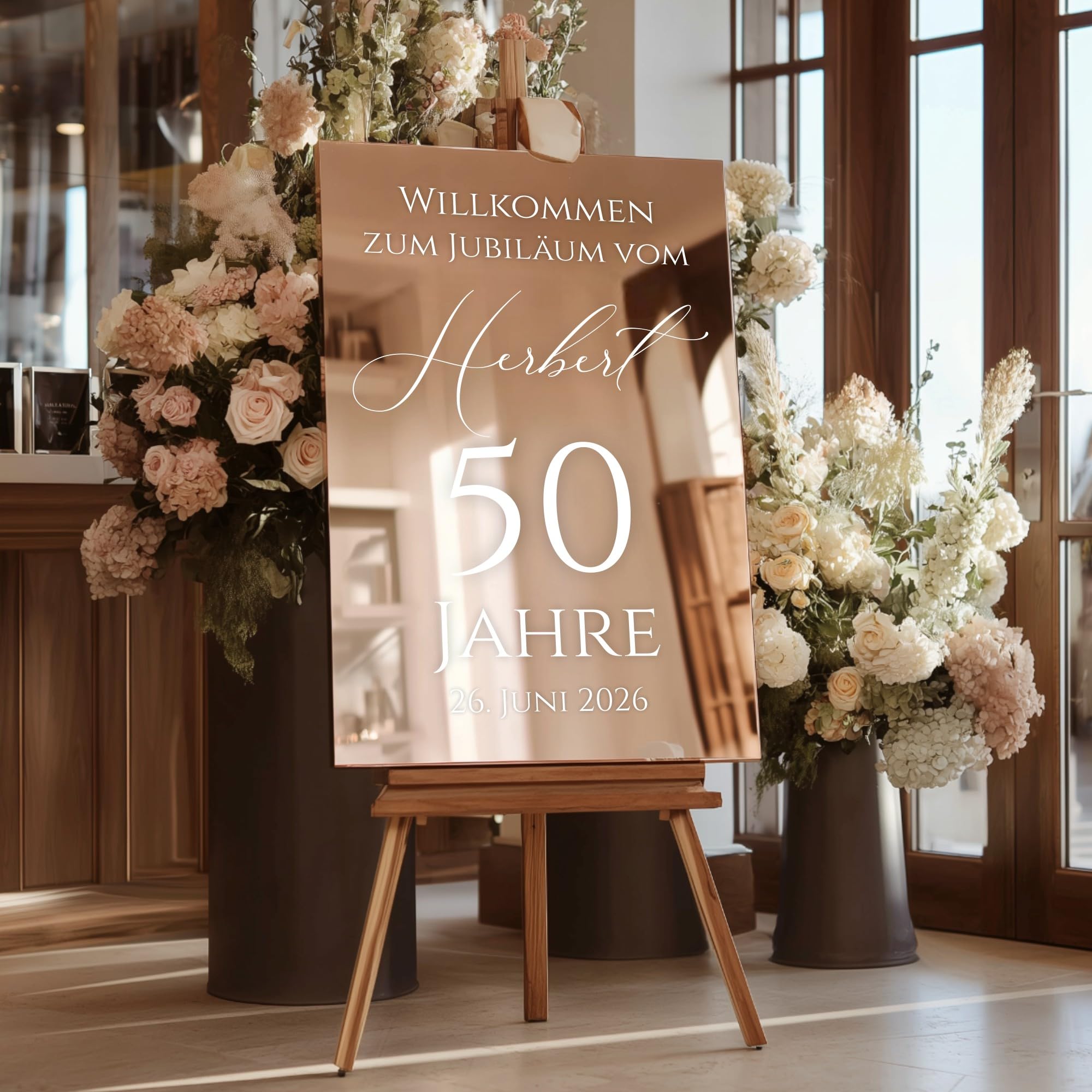 Willkommensschild Hochzeit personalisiert Acrylglas Spiegel Gold Hochglanz – elegante Deko für Empfang, Party & Events – Made in Germany