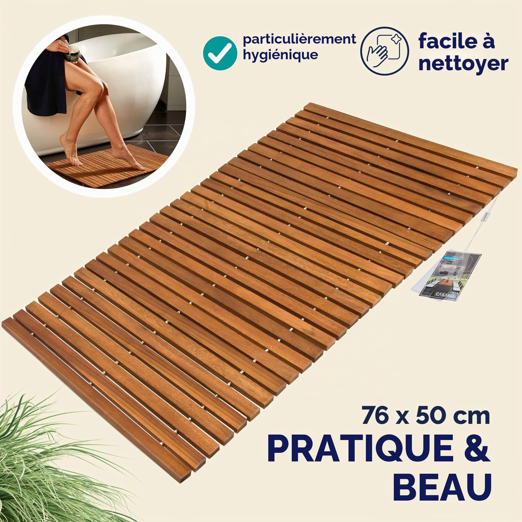 Tapis de Bain en Bois d'Acacia Antidérapant 76 x 50 cm Caillebotis Salle de Bain
