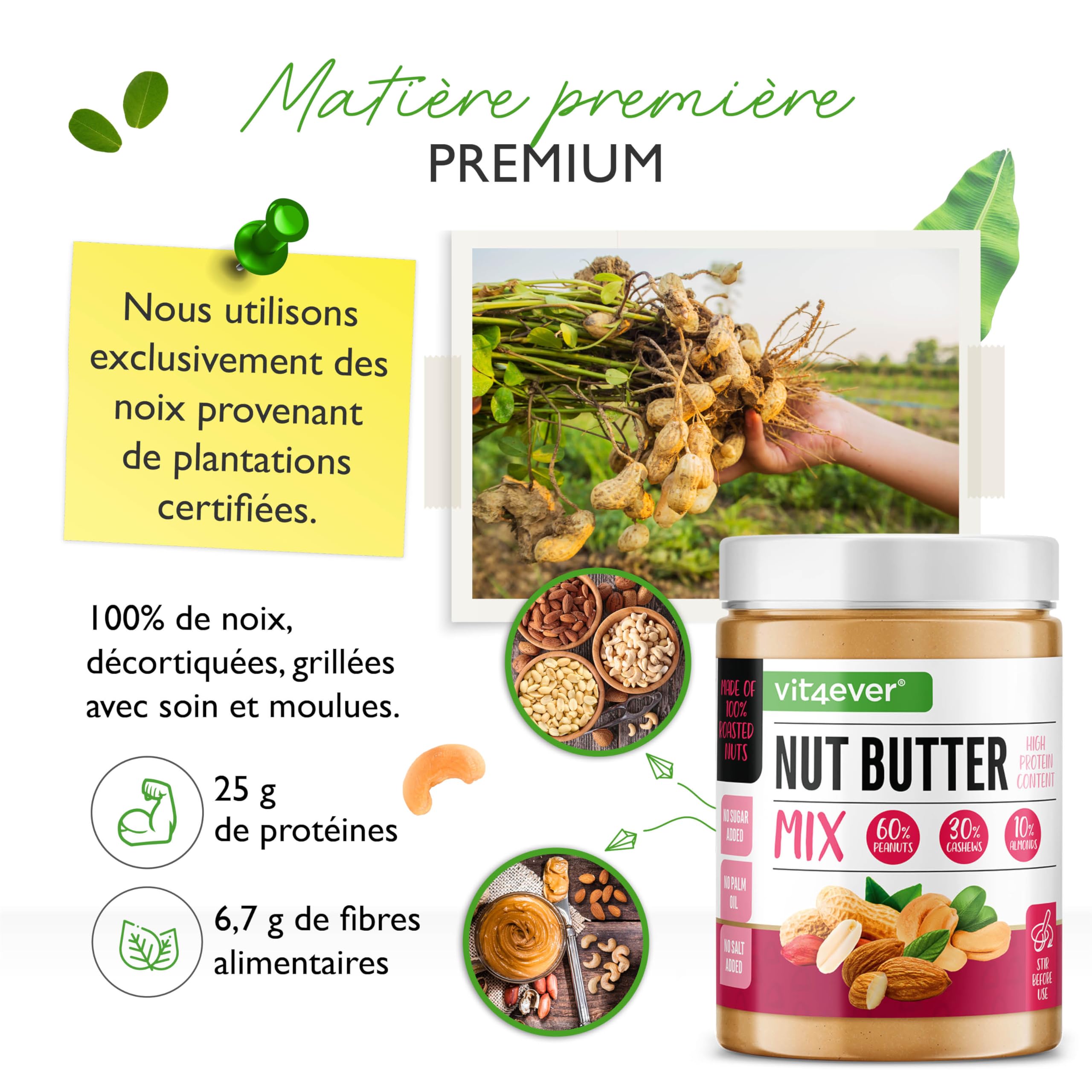 Beurre de Noix Lisse (Cacahuètes, Cajou, Amandes) - 1kg - Riche en Protéines - Sans Sel, Huile ni Graisse de Palme Ajoutés - Vegan - 3