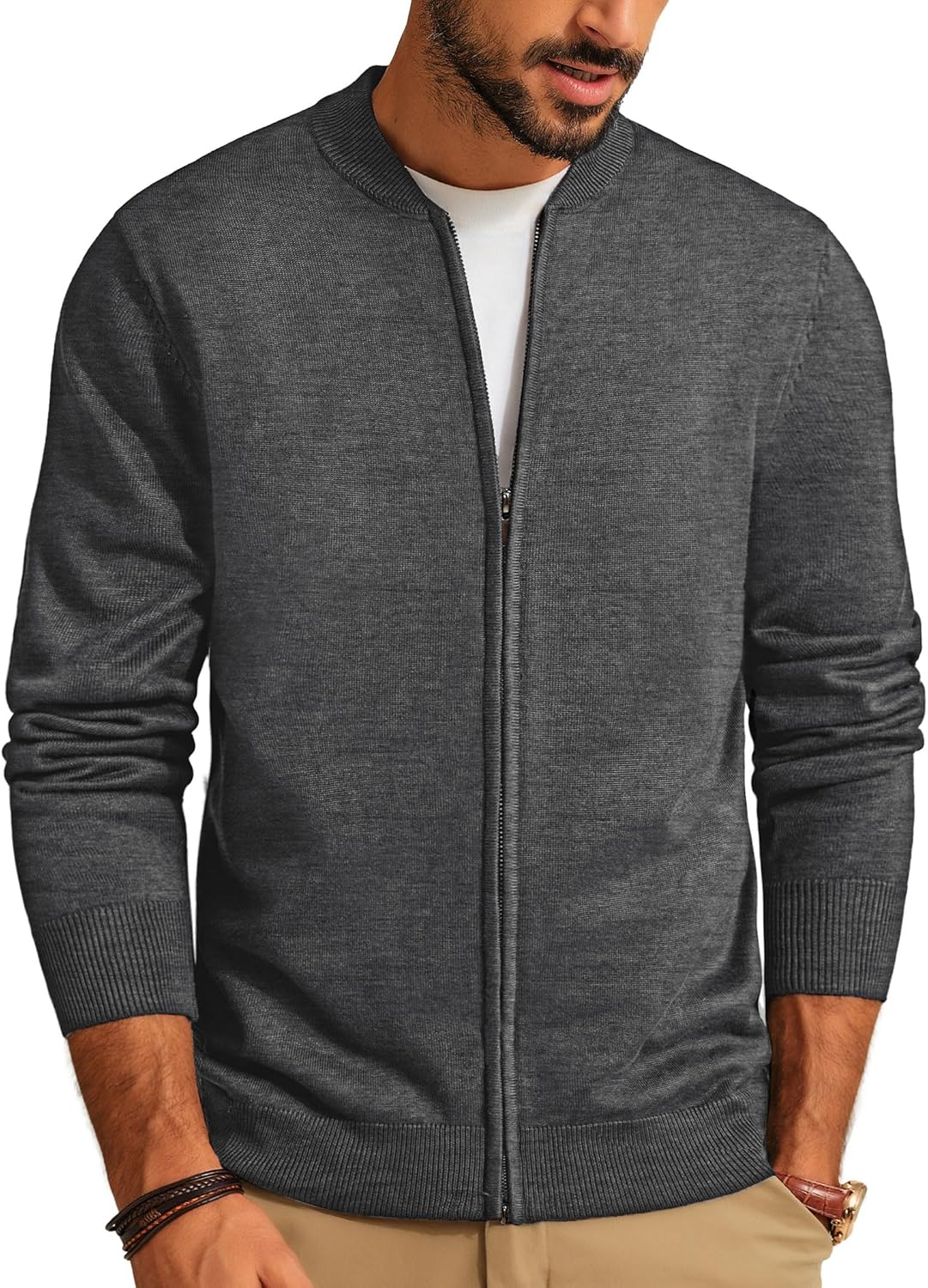 Men's Casual Full Zip Cardigan Sweater Slim Fit Stand Collar Sweater Jacket