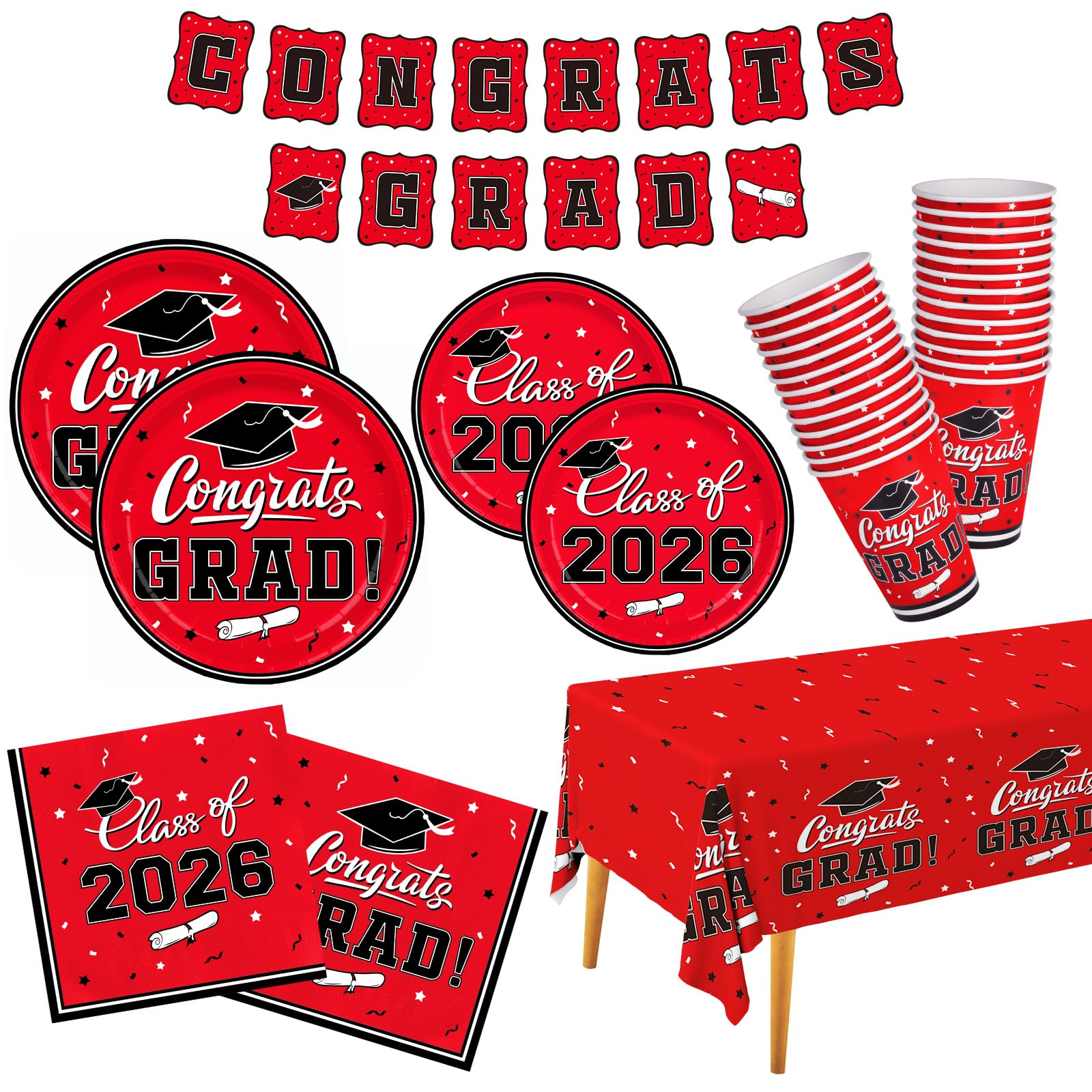 Graduation Decorations class of 2026 Gatherfun Congrats Grad Party Dinnerware Set Red Disposable Paper Plates Napkins Cups Tablecloth Banner for