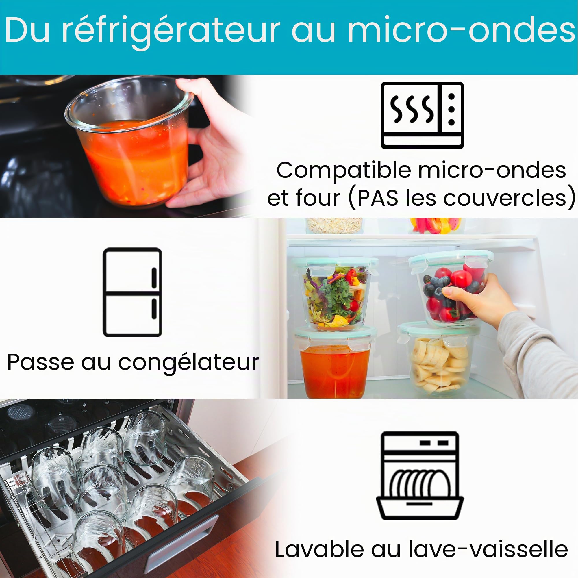 Vtopmart Lot de 6 récipients à soupe en verre de 3 tasses, récipients de congélation avec couvercles hermétiques, bocaux de conservation en verre pour salade, fruits, déjeuner, restes, sans BPA