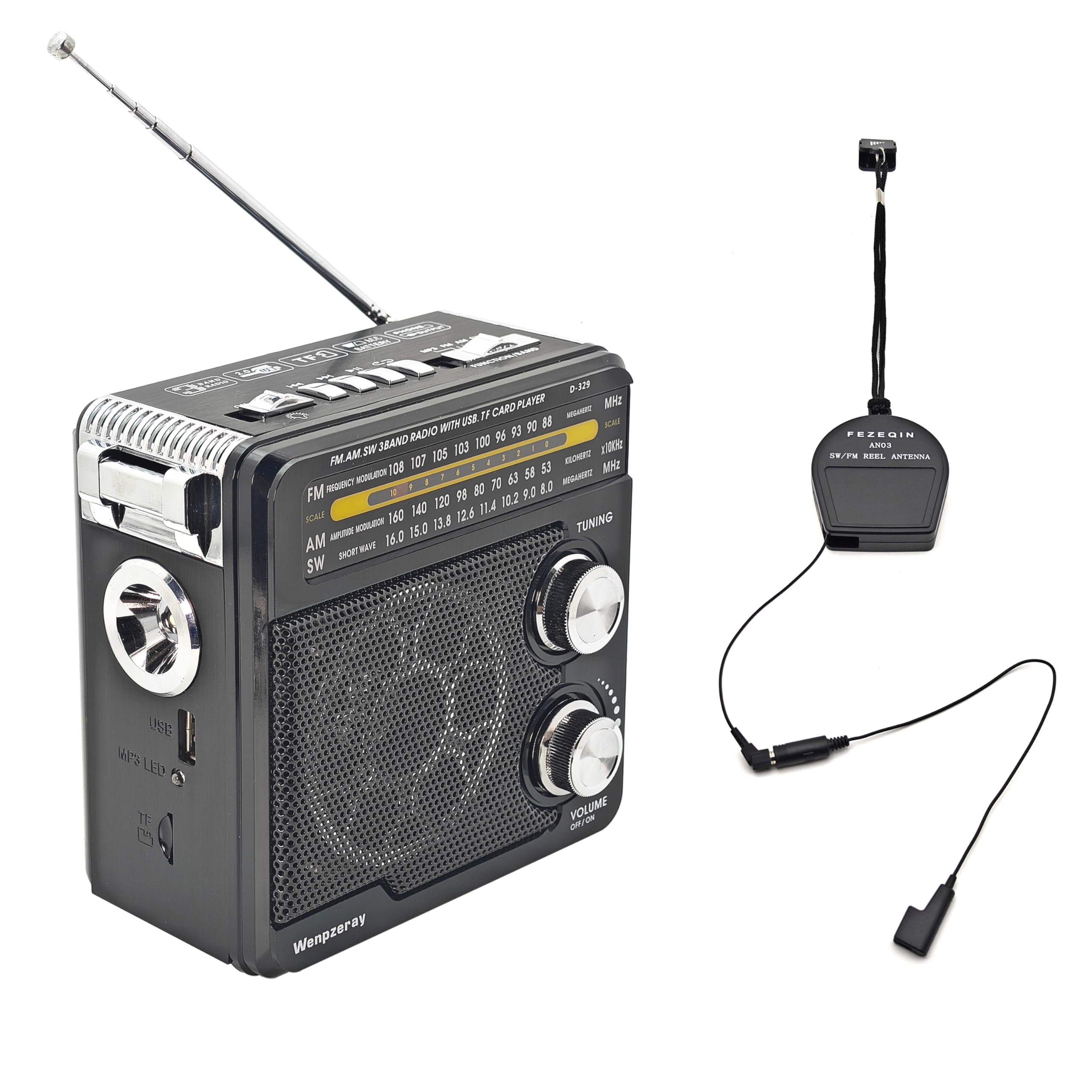 D329 Portable AM FM SW Radio Vintage Transistor BT Speaker Radio(Black) and AN03 Shortwave FM Reel Antenna Telescopic External Antenna Enhance Radio Signal Reception Suit for FM SW Radio Receiver