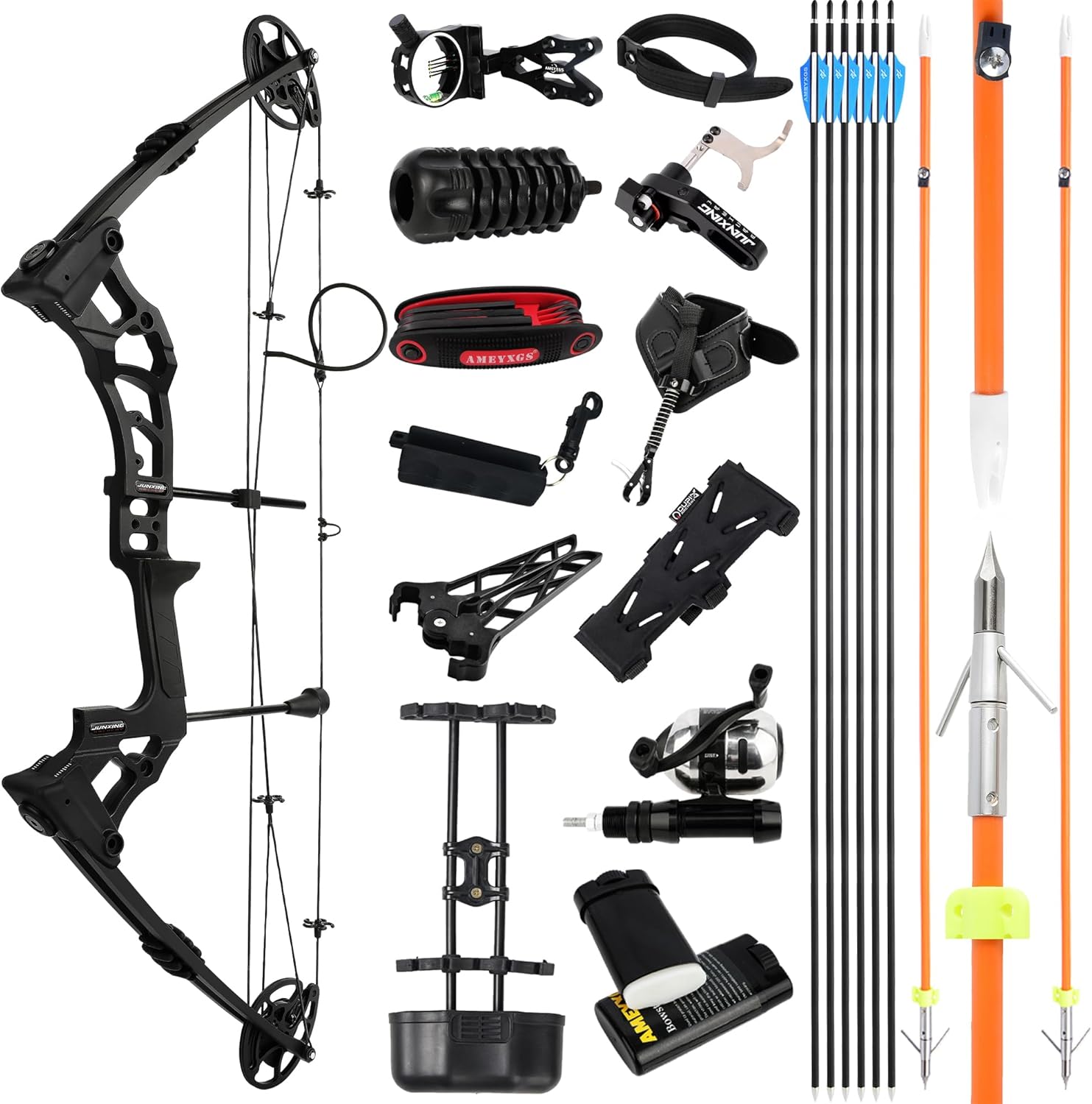 Bowfishing Bow Archery Kit - Axle-to-Axle 33", 0-70 Lbs Draw Weight, Draw Length 24"-30" Adjustable, with Retriever Reel Complete Compound Bows Fishing Set
