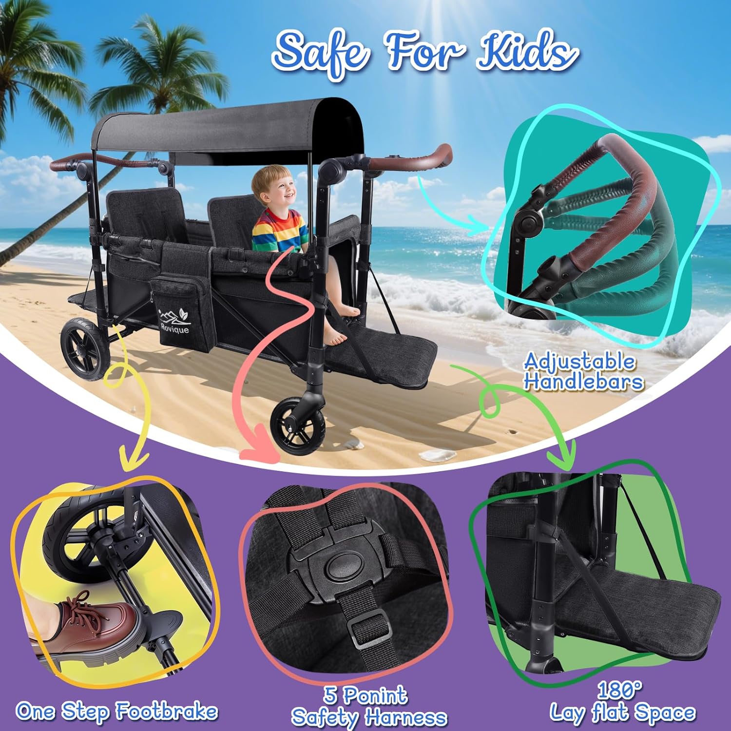 Wagon Stroller for 2 Kids, All-Terrain Stroller Wagon with Extra Long Extender, Aluminum Foldable Baby Wagon with Convertible Seats, Removable Canopy, Snack Tray, Adjustable Push/Pull Handle