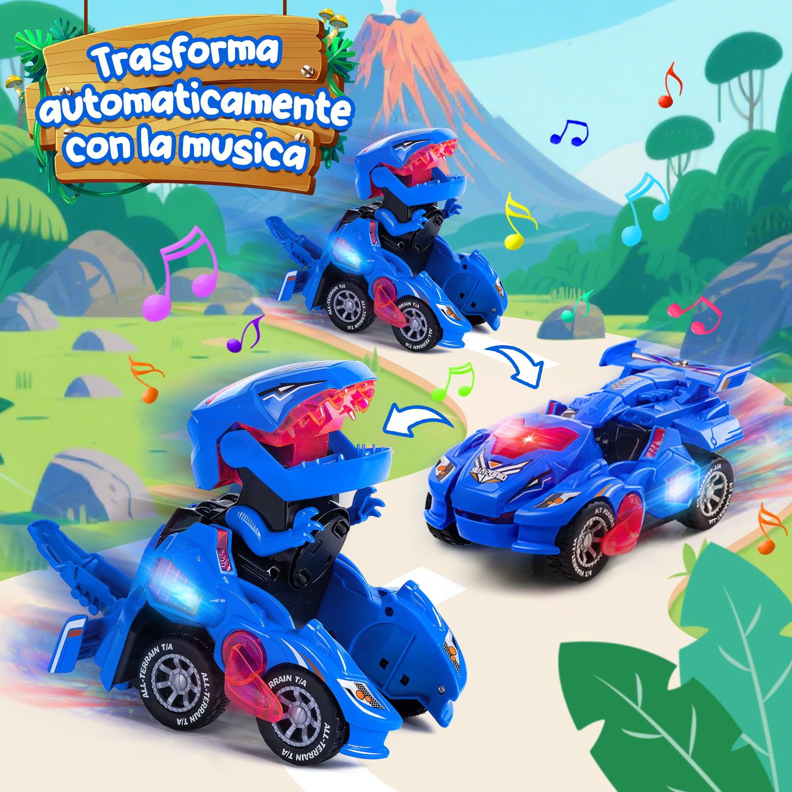 Yellcetoy Dinosauri Transform Giocattoli, Macchina Dinosauri con Musica e Luci, Auto Dinosauro Dino Giocattolo Regali di Natale Compleanno per Bambini Ragazzi 3 4 5 6 7 anni Blu