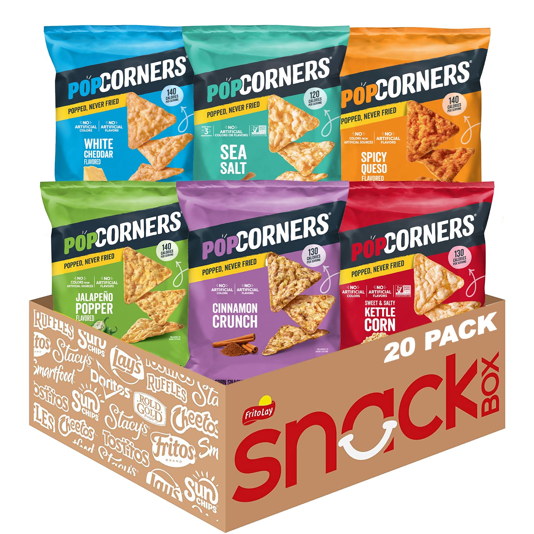 PopCorners Chips de maíz reventados, paquete de aperitivos variados de 6 sabores, bolsas de 1 onza, (paquete de 20), sin gluten, sin colores artificiales, sin sabores artificiales