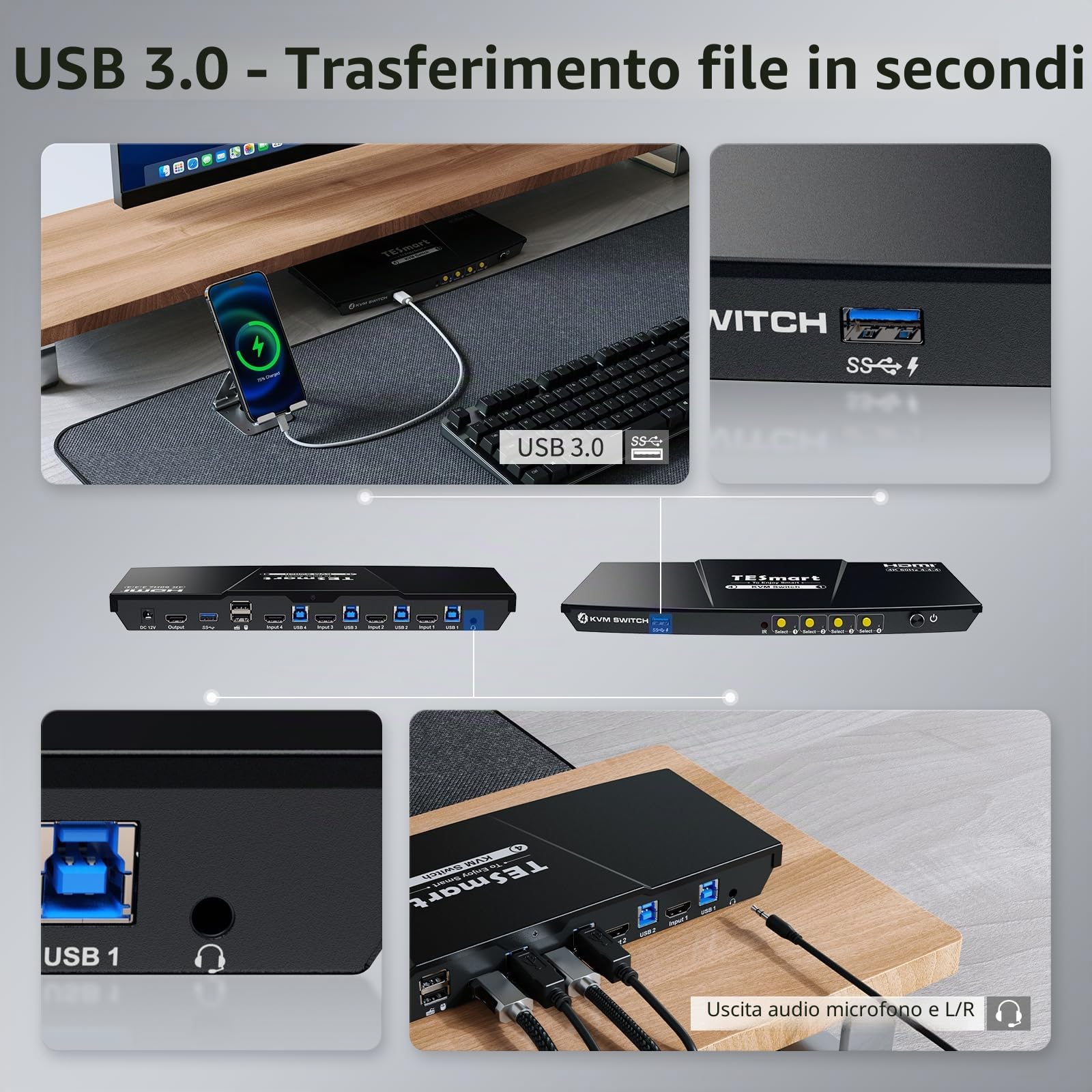 TESmart 4K@60Hz KVM Switch Auto-Scan 4 Computer 1 Monitor, 3,5 mm (Cuffie e Mic), 4 Porte HDMI 2.0, EDID, Scorciatoie per Mouse e Tastiera, 2 USB 3.0 (5 Gbps/Ricarica) per Sale di Sorveglianza/TV