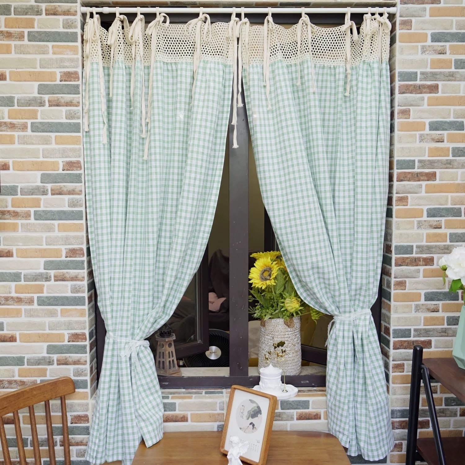Gardinen Kariert Kurz Scheibengardinen mit Häkelspitze Bistrogardine Landhausstil Privatsphäre Fenstergardine Küchengardine Vintage Cáfe Gardine (BxH 150x100cm) Blau 1 stück