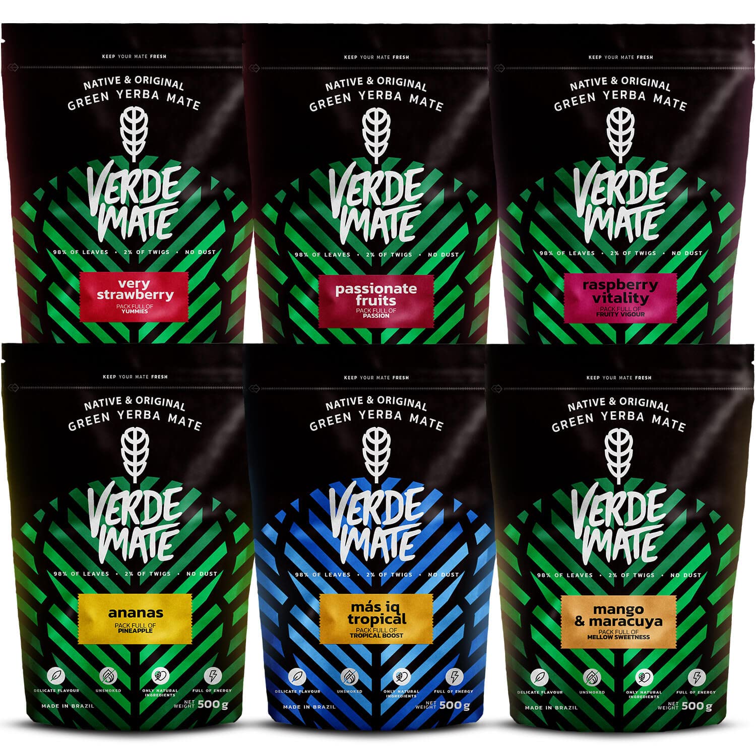 Green Fruity Yerba Mate Tea Set 6x500g - Mas IQ, Pineapple, Strawberry, Raspberry, Mango & Maracuya, Papaya, Brazilian