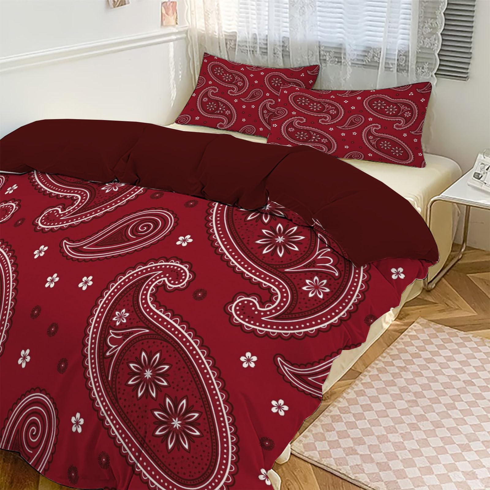 Housse de couette 220x240 floral cachemire vintage rouge bordeaux 3 pièces