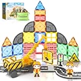 Coodoo Kids Games Magnetic Tiles Road Set with Extendable Magnetic Crane, City Construction Building Toys for Toddlers STEM Preschool Ages 4-6 5-7, Gifts for 3+ Year Old Boys Girls Kids Toys with Car