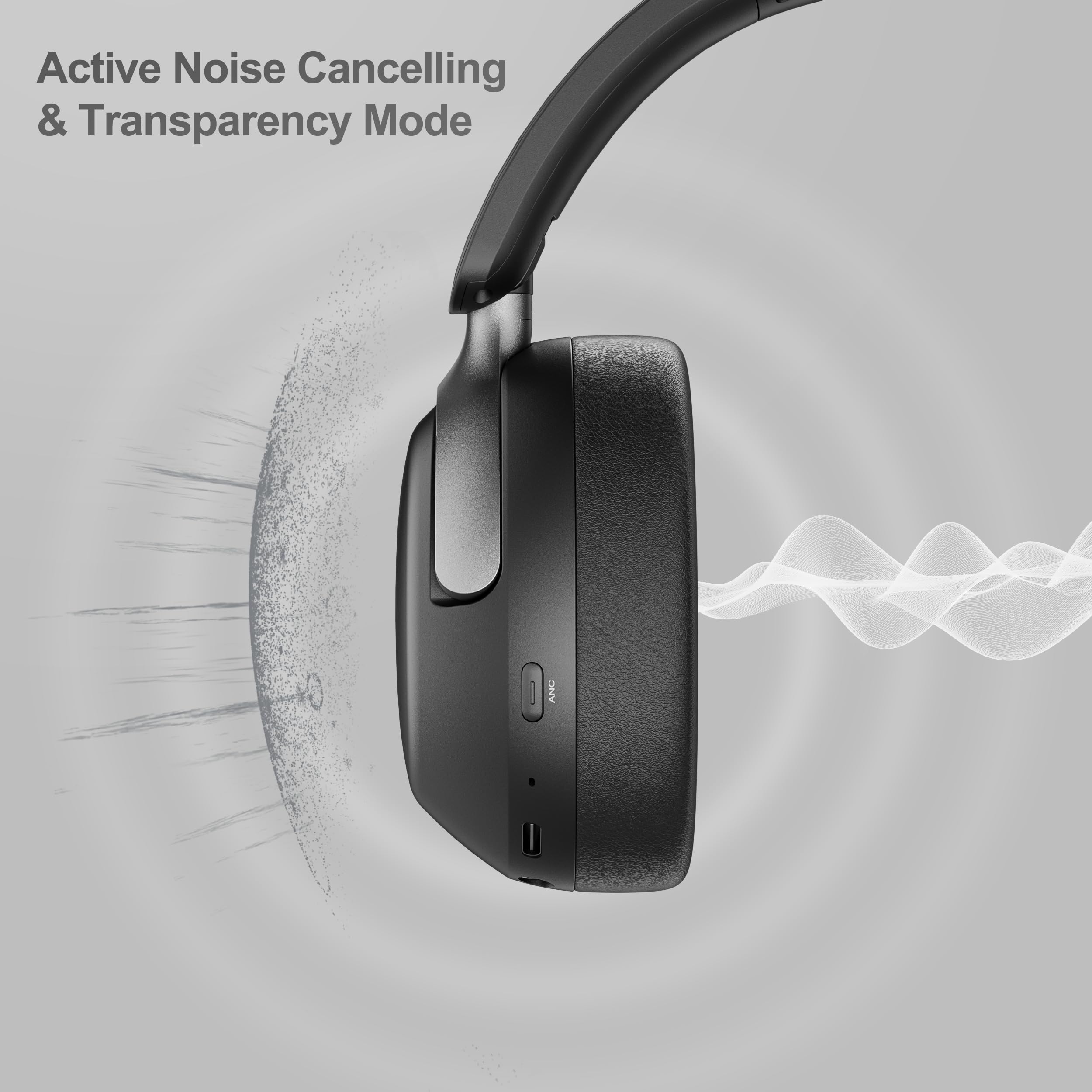 LORELEI QC30 Casque hybride à réduction active du bruit, casque Bluetooth sans fil 60 heures d'autonomie avec micro, basses profondes, ajustement confortable, coussinets souples, charge rapide, noir