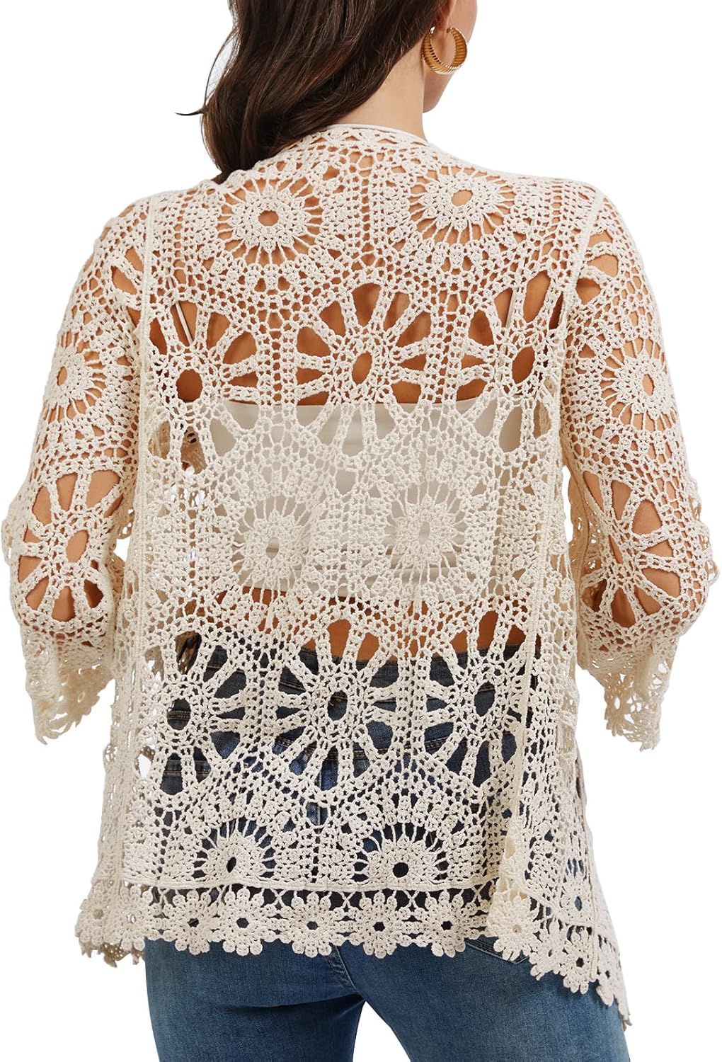 Women Floral Crochet Cardigan Lightweight Tie Front Hollow Out Long Sleeves Cover Lace Sweaters Shrug - Image 4