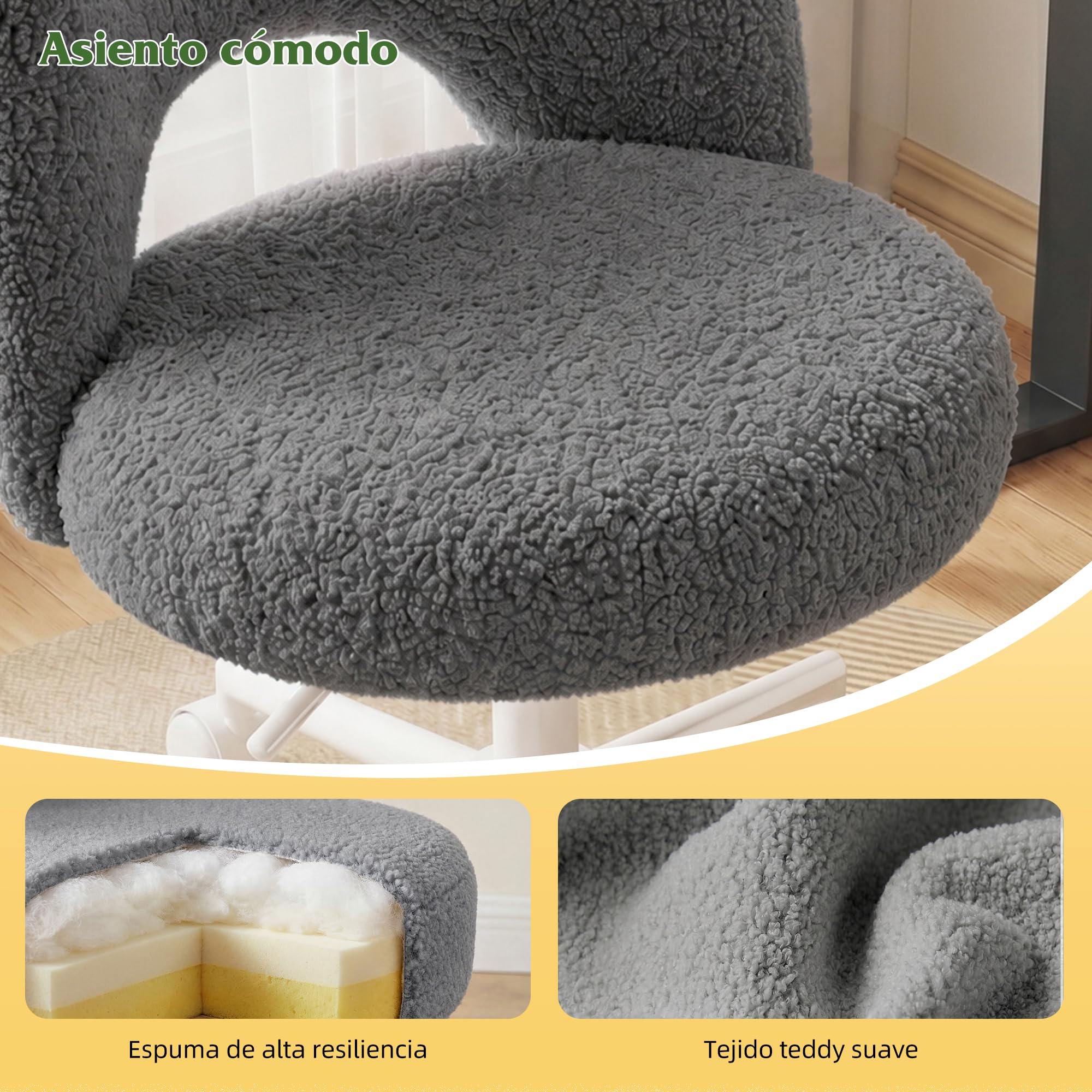 Silla de Escritorio con Ruedas, Silla de tocador de Peluche Transpirable, Altura Regulable, soporta hasta 200kg, Adecuada para Oficina, habitación y Estudio, Familiar, Gris
