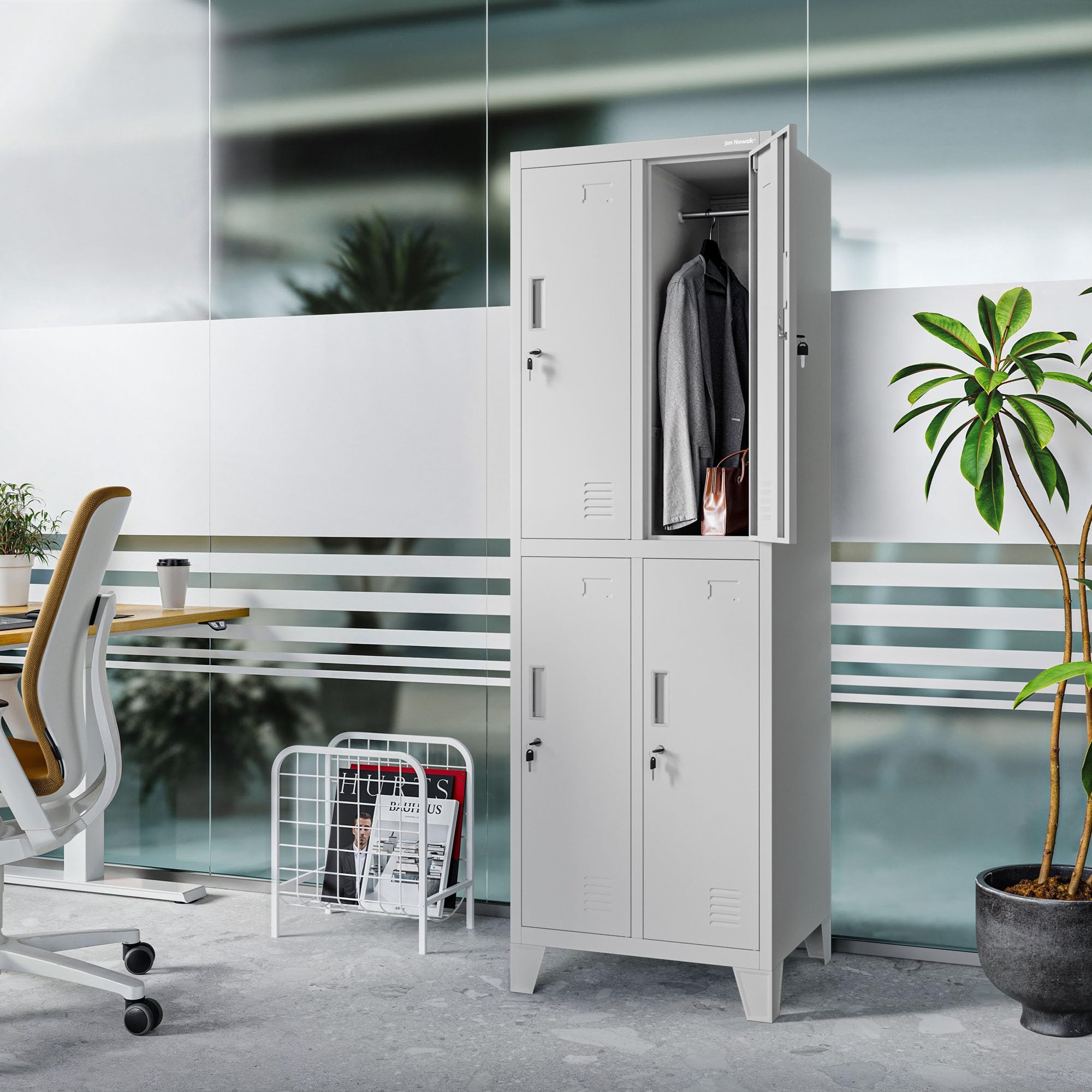 Jan Nowak Spind Metall Schliessfachschrank 4 Fächer Metallschrank abschliessbar 56 x 172 x 45 cm Sozialschrank mit Belueftung Kleiderstange Personalspind