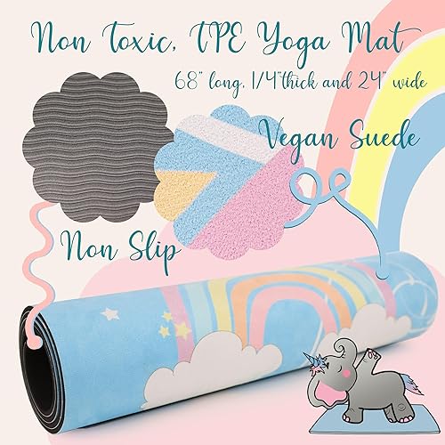 Miniatura 2 de Juego de esterillas de yoga para niños, 100 tarjetas de yoga para principiantes + afirmaciones positivas y Ellicorn de felpa, tapete de yoga TPE de