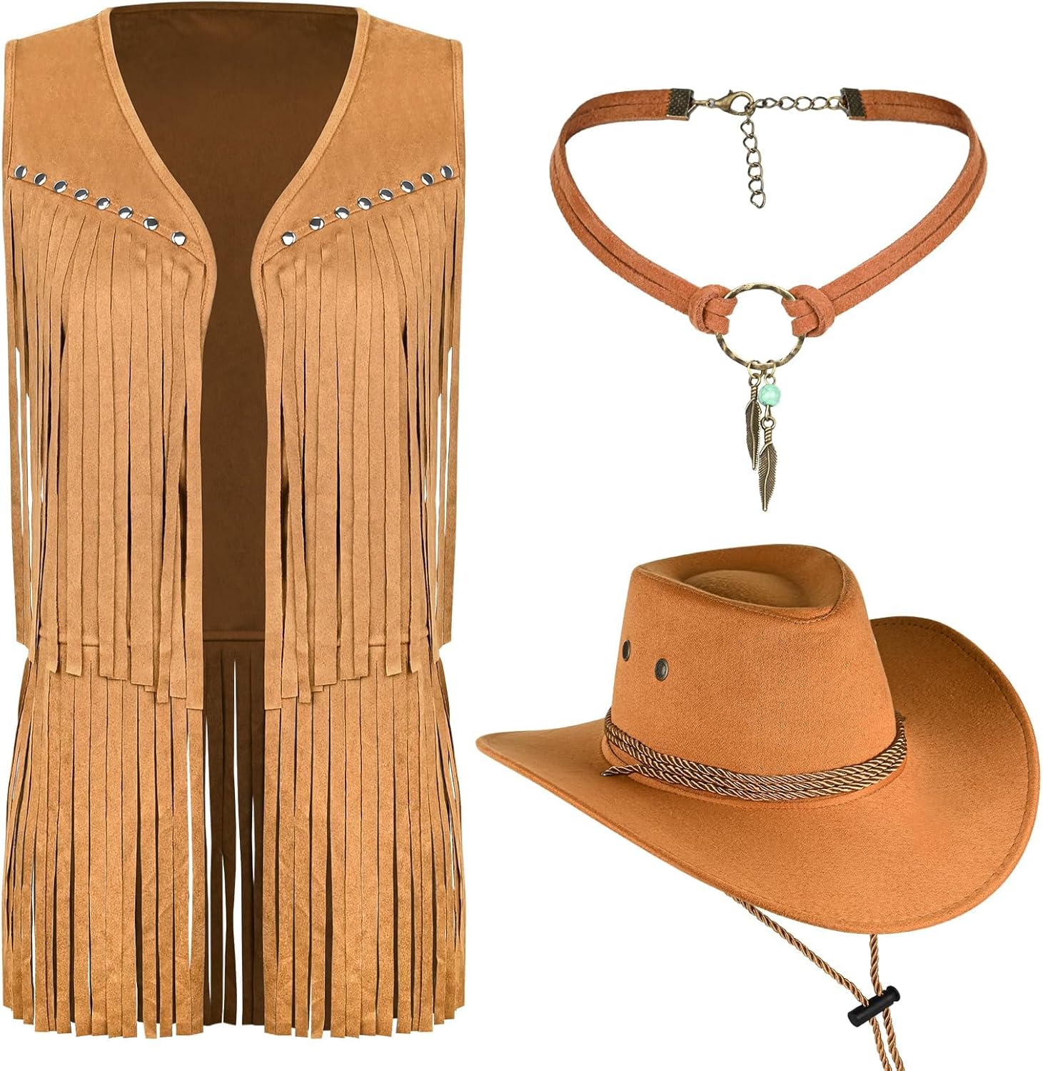 Tassel Vest for Women 70s Hippie Faux Suede Sleeveless Fringe Rivets Jacket with Cowboy Hat and Leather Necklace - Image 8