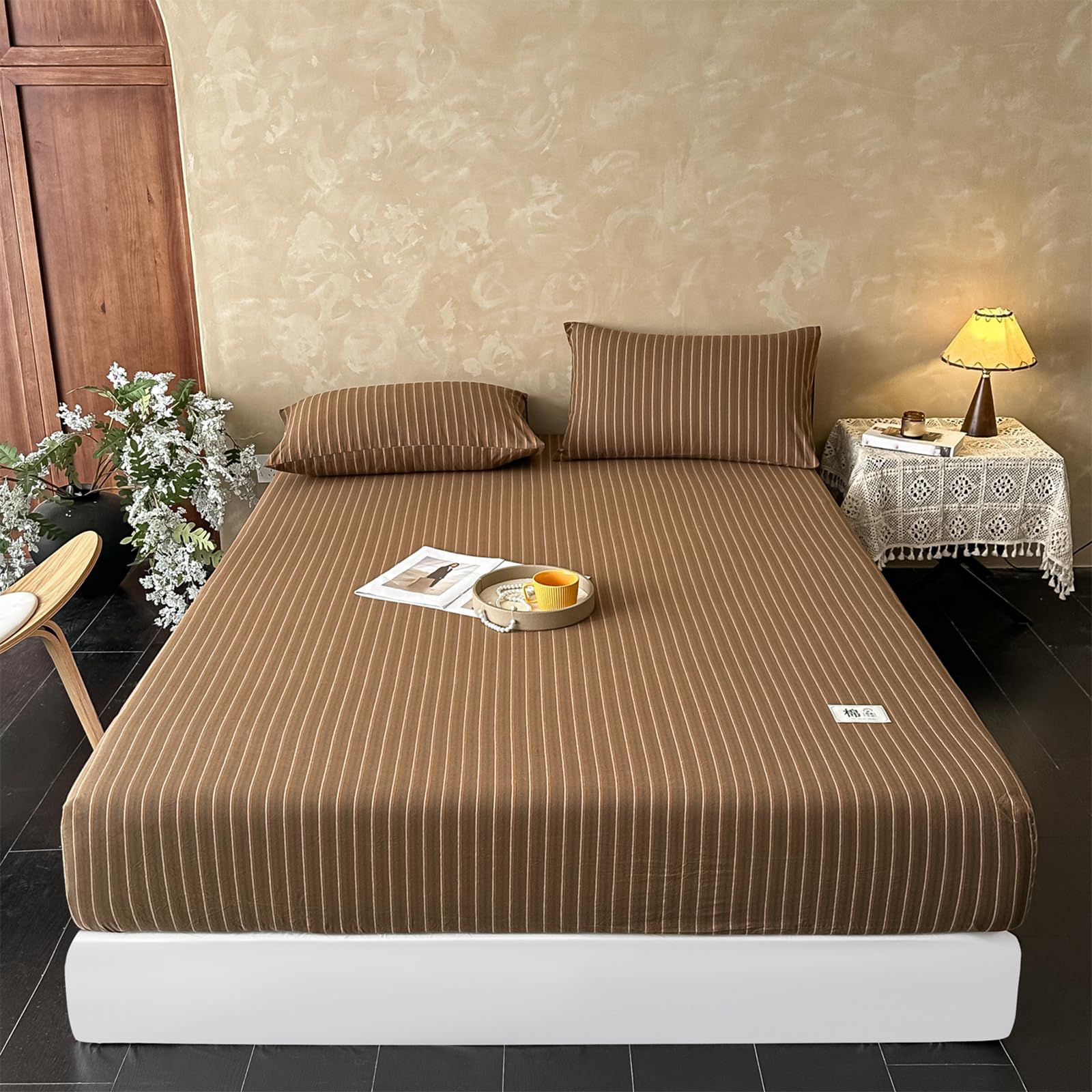 Drap housse 200x220 en pur coton à rayures avec taies d'oreiller haut de gamme