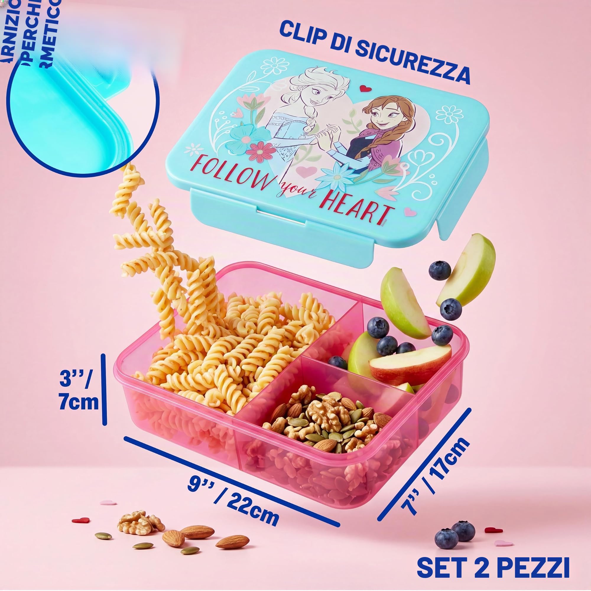 Get Trend Disney Frozen Porta Pranzo Bambini, Set 2 Pezzi con Senza BPA Bento Box 3 Scomparti e Borraccia Coperchio Apribile con Cannuccia 640 ml, Scuola Idea Regalo (Turchese Frozen)