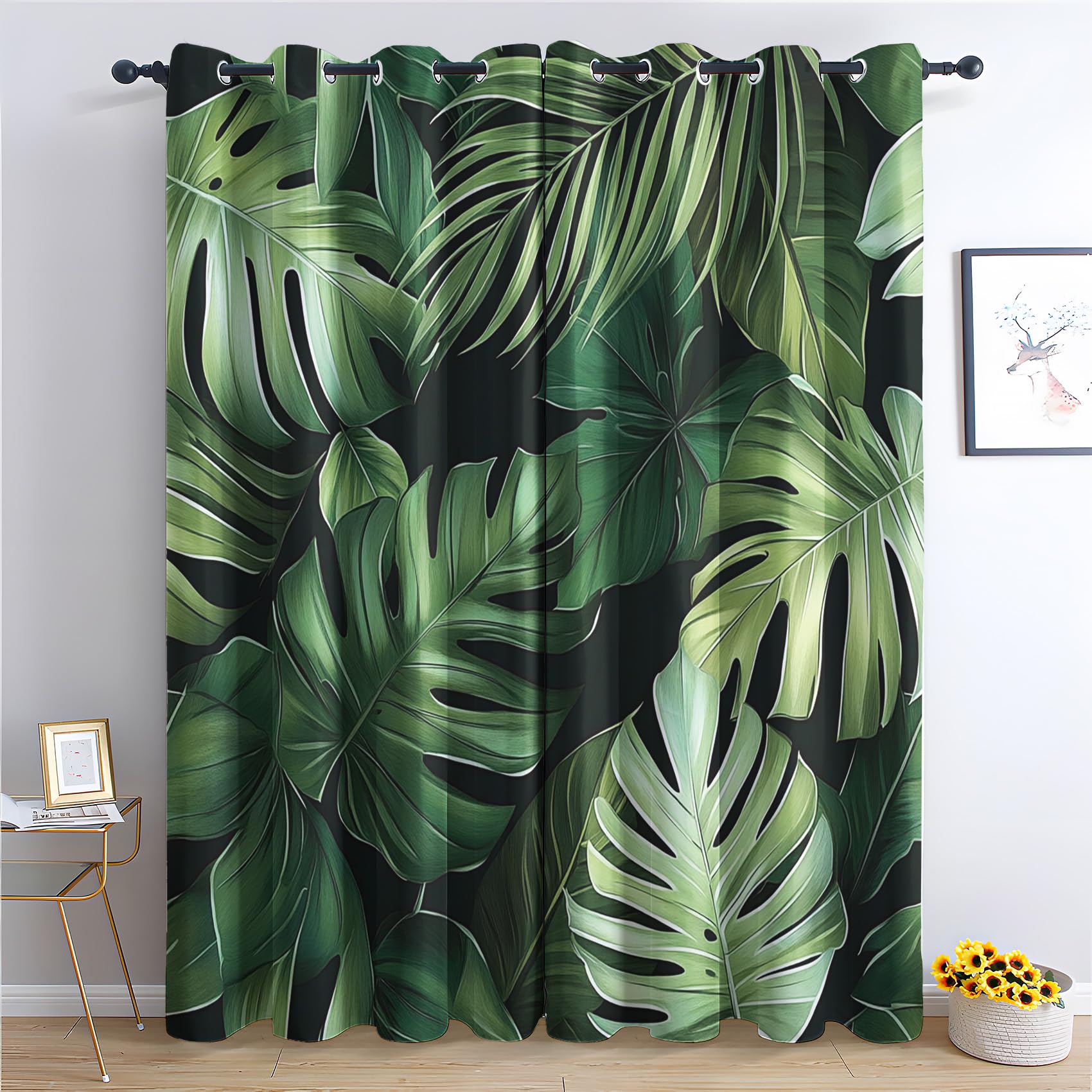 Tropical Leaf Blackout Curtains for Living Room, Lush Green Monstera Palm Leaf Curtains for Bedroom, Thermal Insulated Noise Reduction Eyelet Window Treatments 54 Drop, 2 Panels Drapes (W66 x L54)