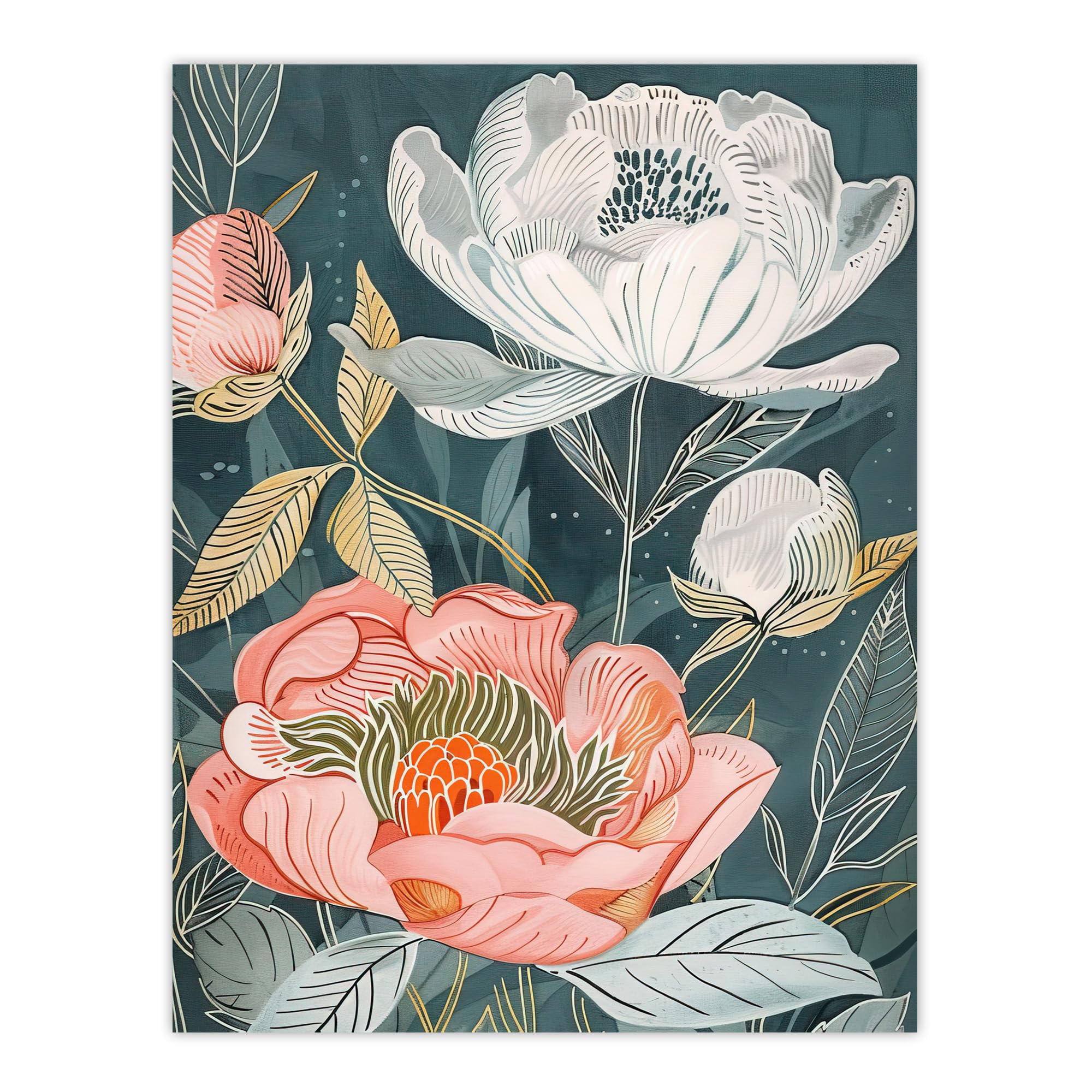 Artery8 Red White Peonies in Bloom Artwork Wildflowers Living Room Large Wall Art Poster Print Thick Paper 18X24 Inch