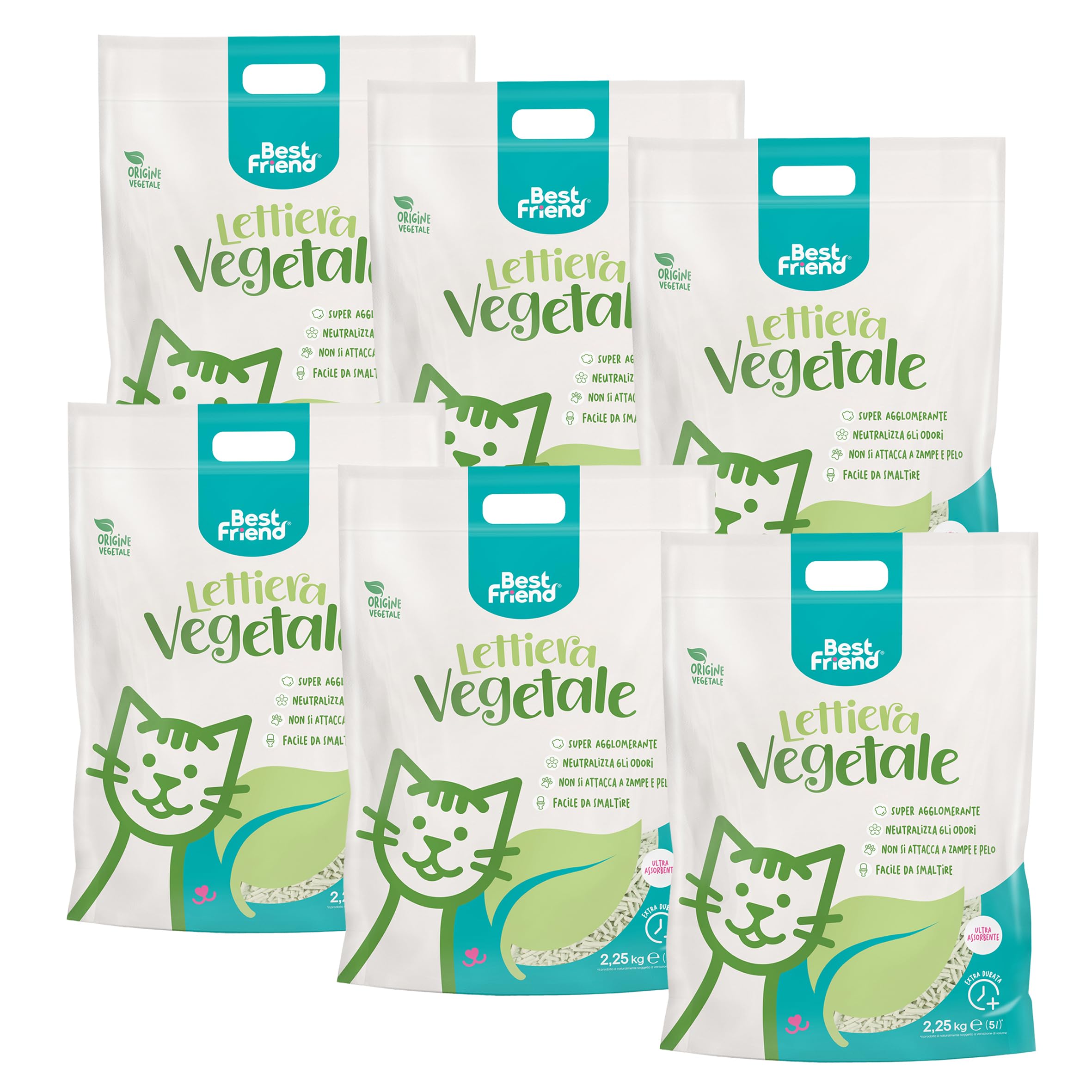 Best Friend - Lettiera Vegetale per Gatti da 5L di lunga durata. Sabbia Naturale e Super Agglomerante. Smaltibile nell'organico o nel WC. Neutralizza gli odori e non si attacca a zampe e pelo, 6 pezzi