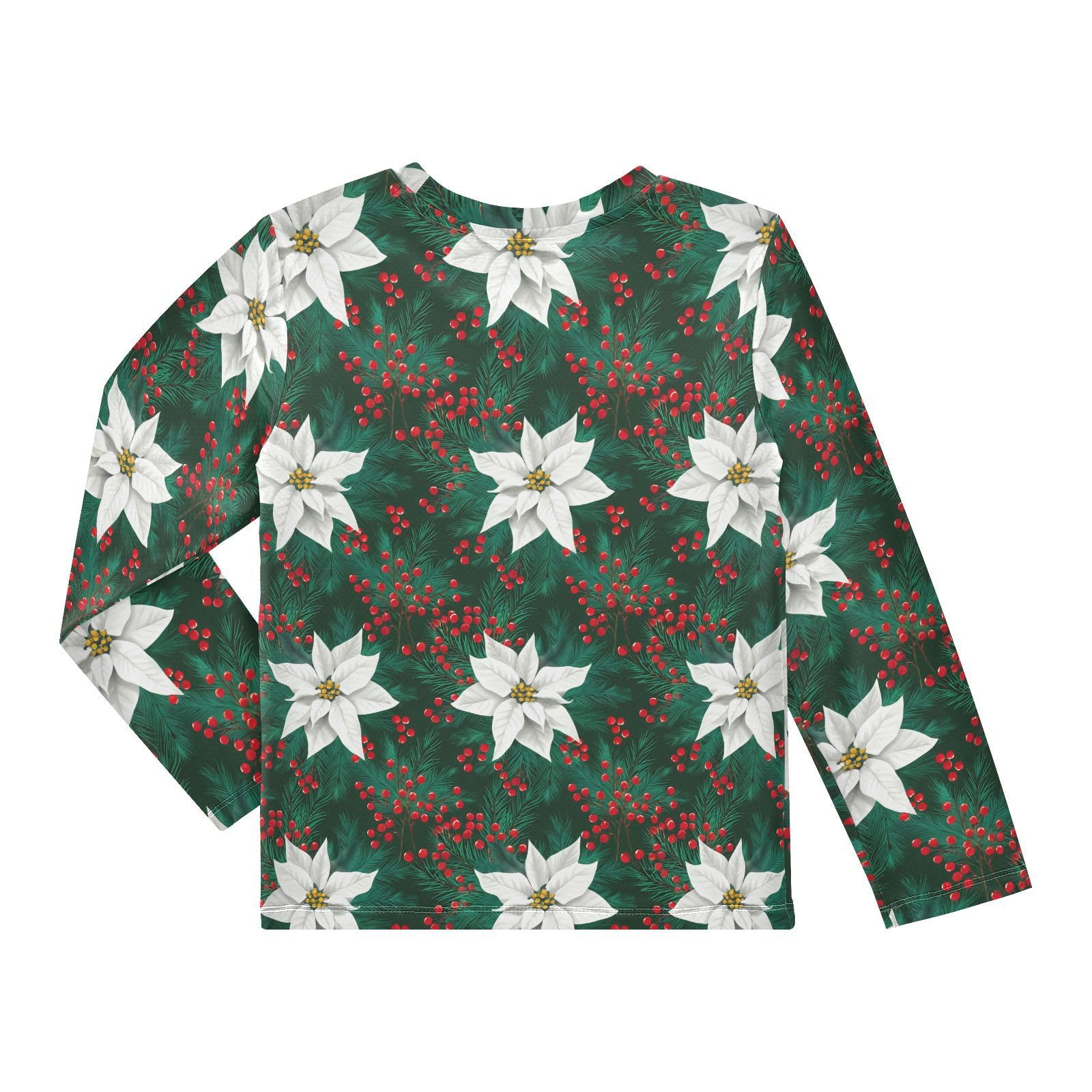 Poinsettia Holly Berries Green Boy's Rash Guard Swim Shirt Long Sleeve Sun Shirt for Kids Toddlers UPF50+ 3T