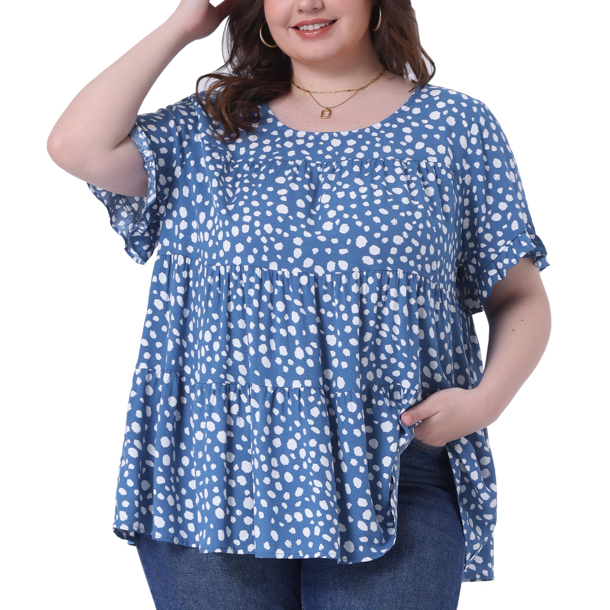 Agnes Orinda Plus Size Polka Dots Blouses for Women Round Neck Ruffle Sleeve Babydoll Tiered Peplum Tops