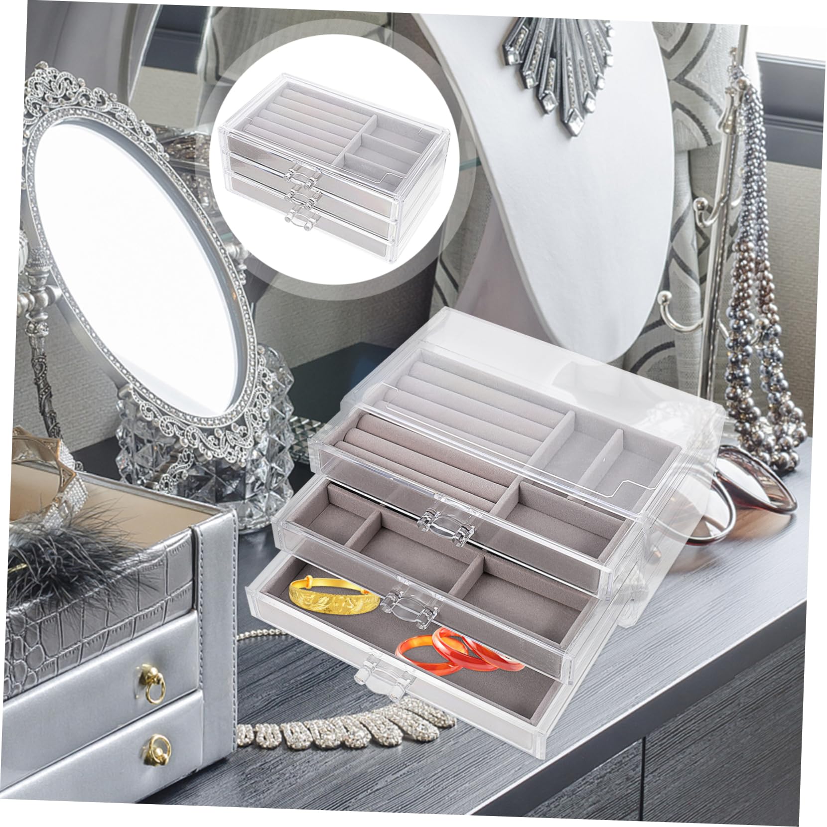 BESPORTBLE Scatola Porta Accessori 3 Scomparti in Plastica e Pelucchi, Organizer da Scrivania per Accessori e Piccoli Oggetti, Design Salvaspazio per Camera da Letto