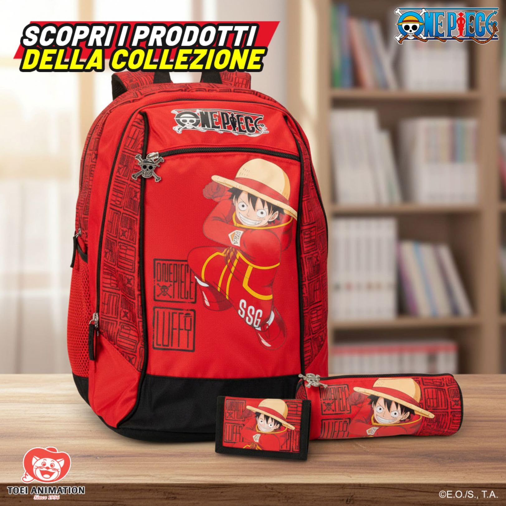 ONE PIECE - Zaino Scuola Ufficiale One Piece, con 2 Ampi Scomparti, Tasca Frontale, 2 Tasche Laterali in Rete, Spallacci Imbottiti, Retro e Fondo Termoformati, Chiusure a Zip, 32x43Hx23cm