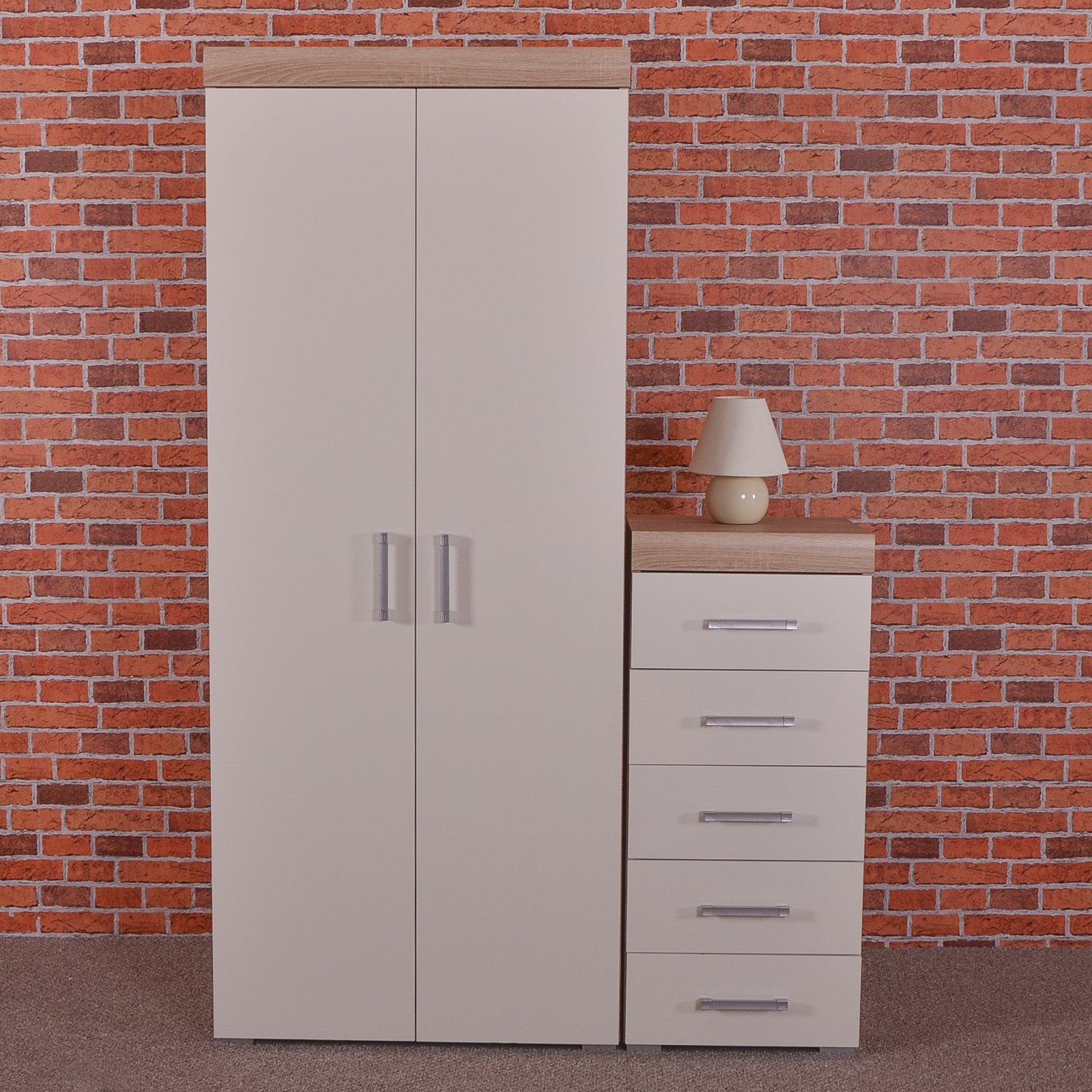 DRP Trading 2 Door Wardrobe & 5 Drawer Tall Boy Chest in White & Sonoma