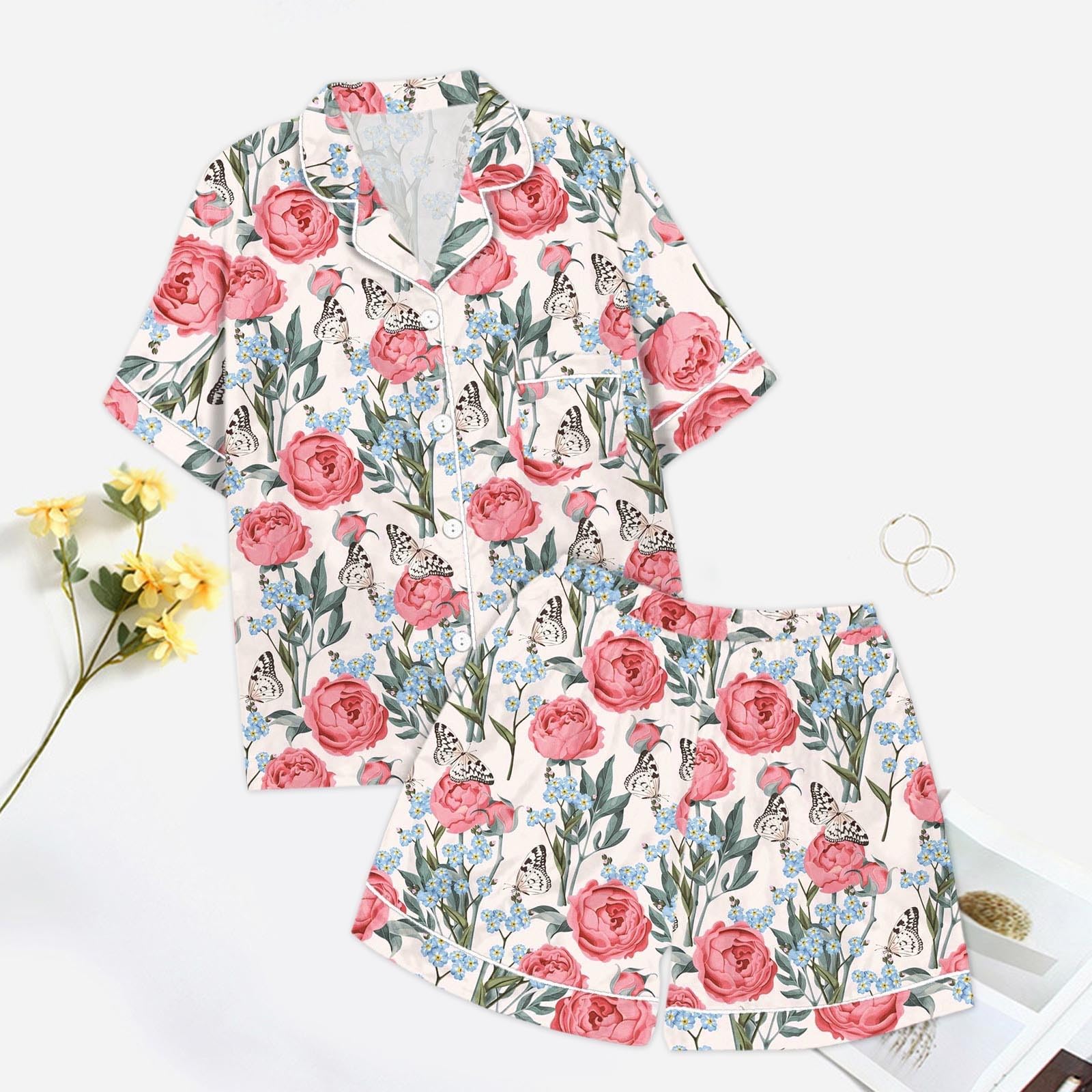 Generisch Ensemble de pyjama en satin de soie à manches courtes pour femme - Haut et short - Taille S