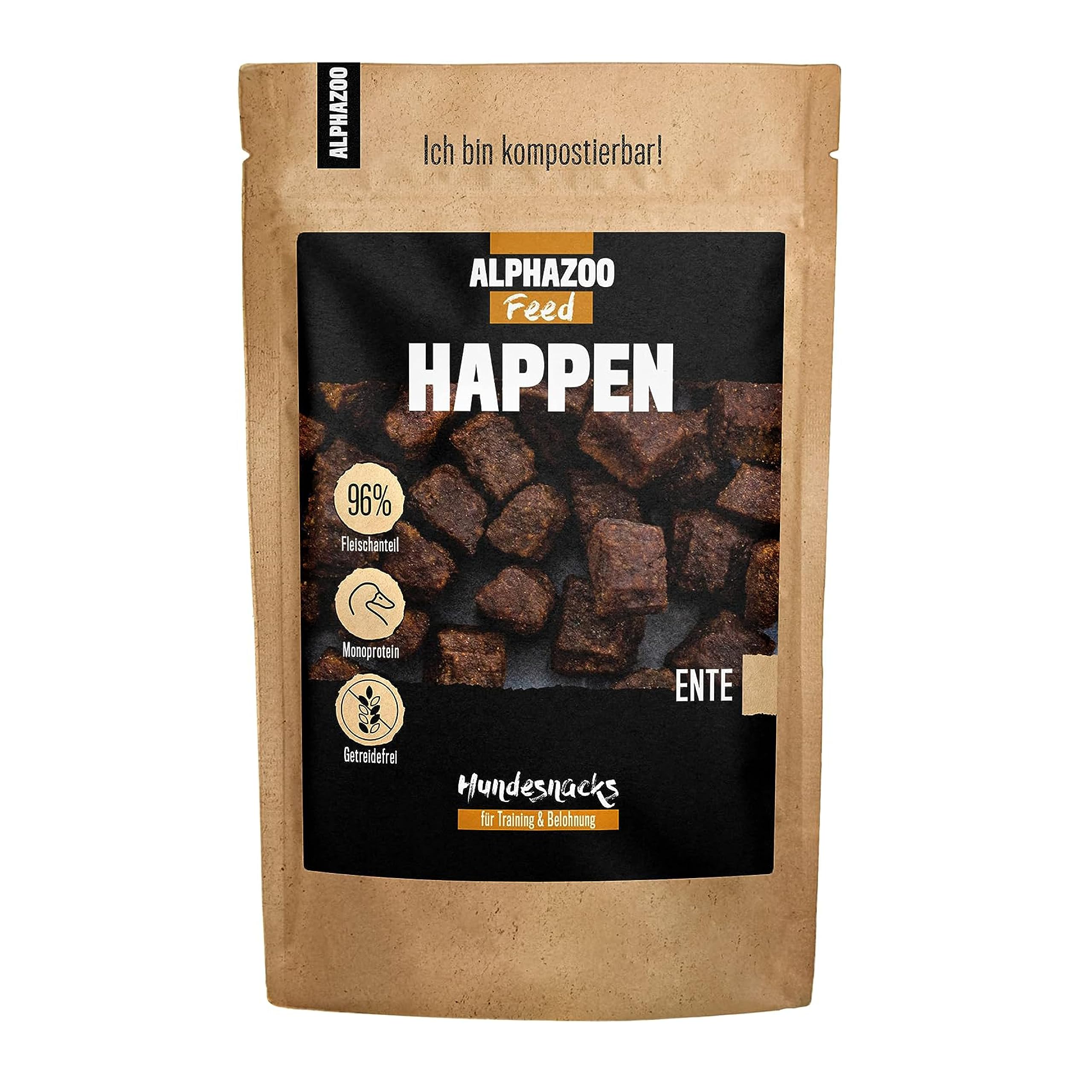 alphazoo Happen glosinas para Perros Pato sin Cereales 200 g, Snack de Carne Saludable para recompensa y adiestramiento con monoproteína, para Perros medianos y Grandes, Diferentes sabores