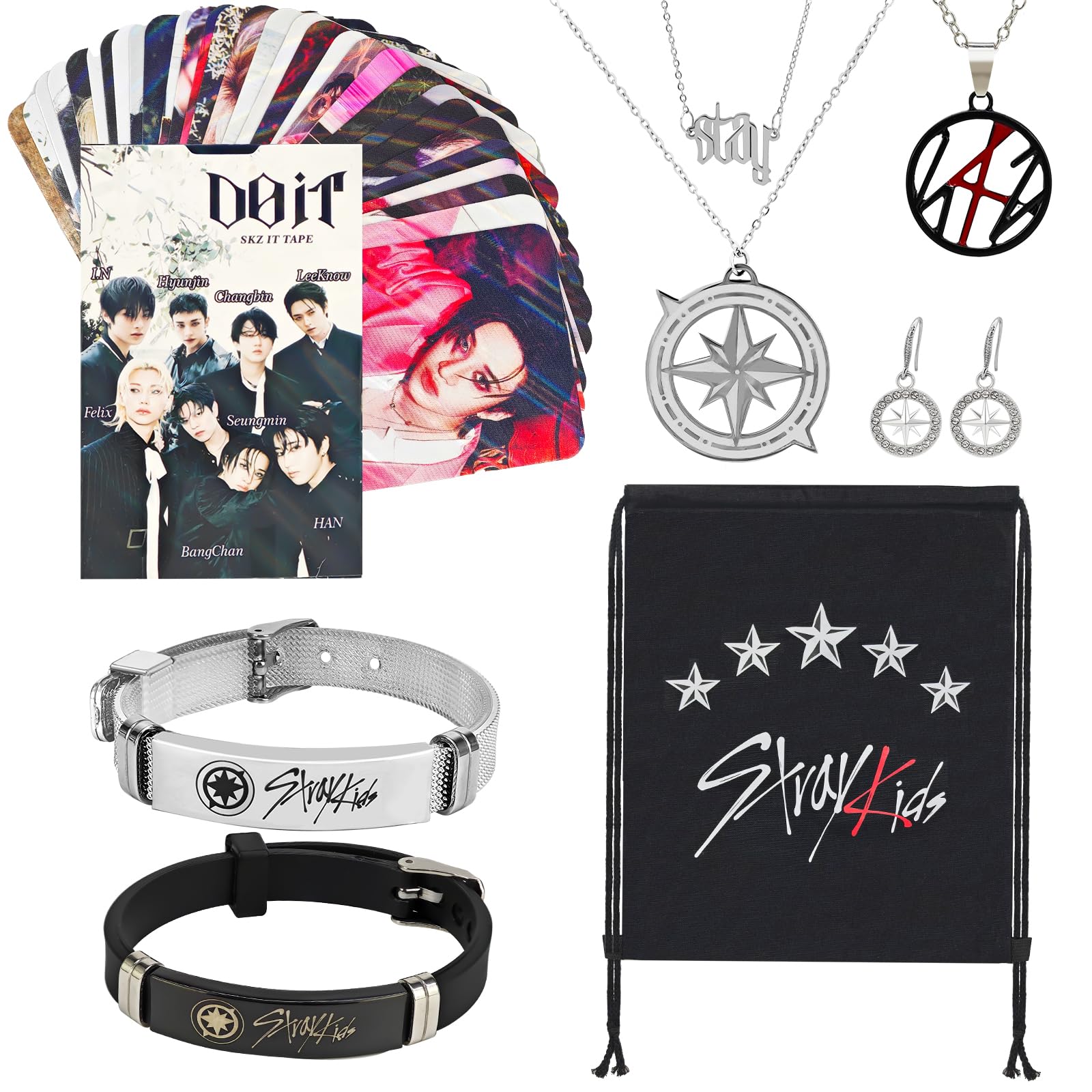 ElfPurple Straykind Gift Set Box Stra-y Kids Merchandise: 2 bracelets, 1 backpack, 2 necklaces, 1 pair of earrings, 30 holographic cards. A Stra-y
