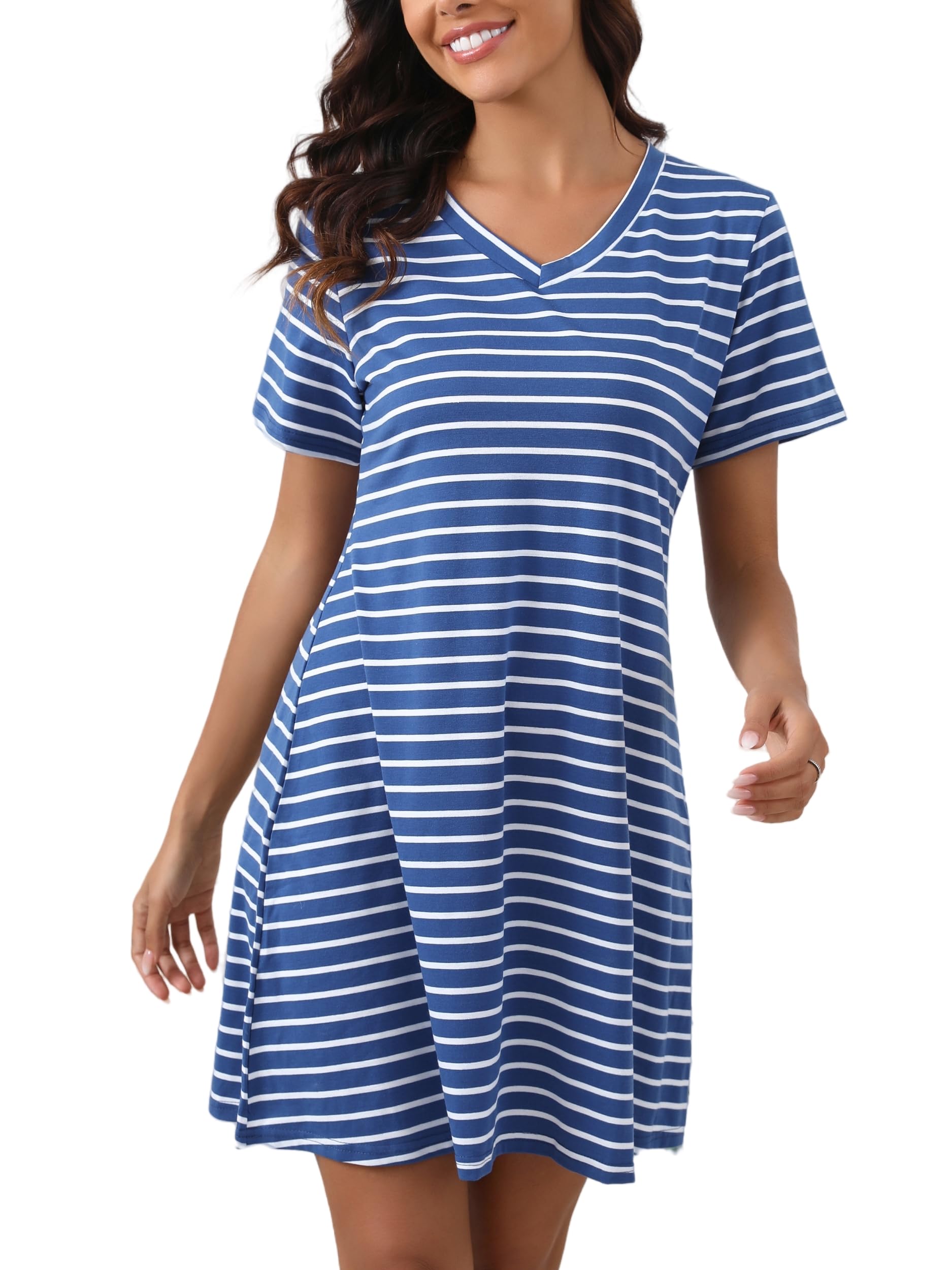 Enjyam Camisón Verano Algodón Mujer Rayas Camisones Cuello V Manga Corta Ropa de Dormir Interior Pijama Comodo Suave Transpirable Casual