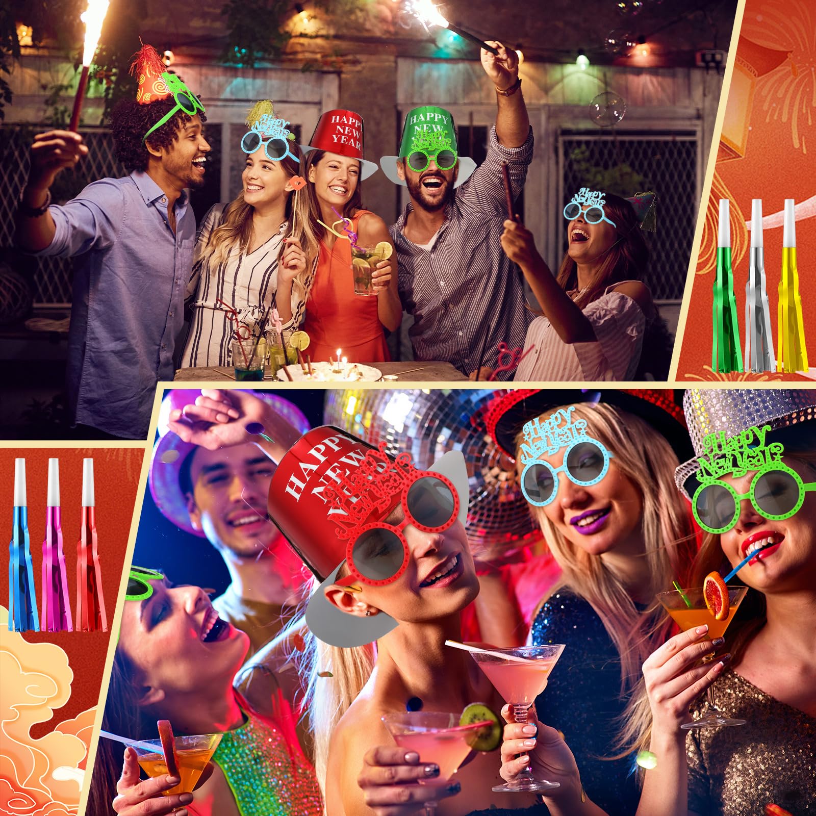 Hungdao 108-teiliges Partyzubehör mit Aufschrift "Happy Year", 36 Partyhüte, 36 bunte Gläser, 36 bunte Gebläse, Geräuschmacher für den Jahresabend, Party-Dekorationszubehör