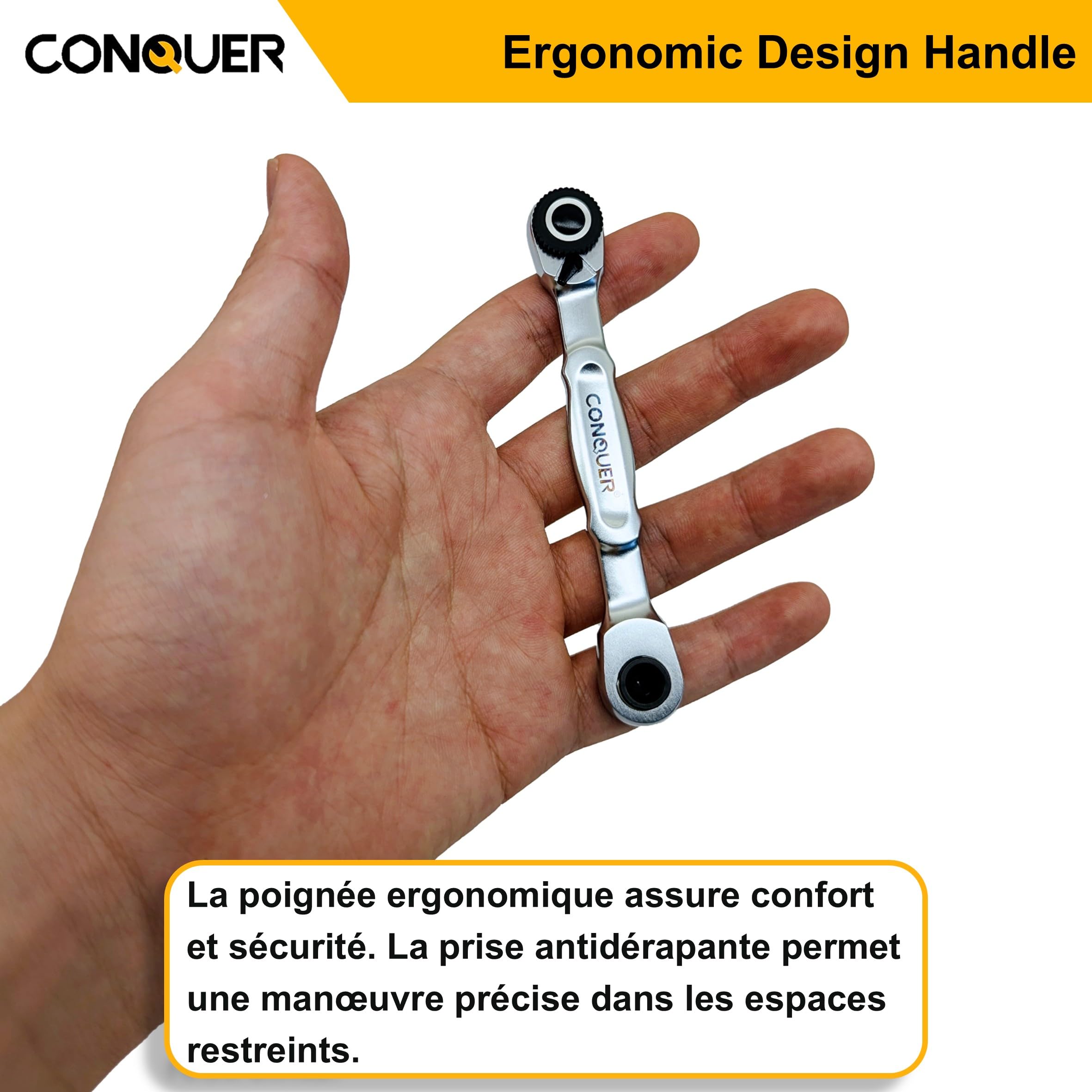 CONQUER Clé à Cliquet 1/4" Mini, Tête Double Ultra-Basse Profil, Résistance au Retour Ultra-Faible 72 Dents 5°, Outil Compact Mécanicien pour Espaces Moteur Étroits, Douilles et Embouts Hex EDC