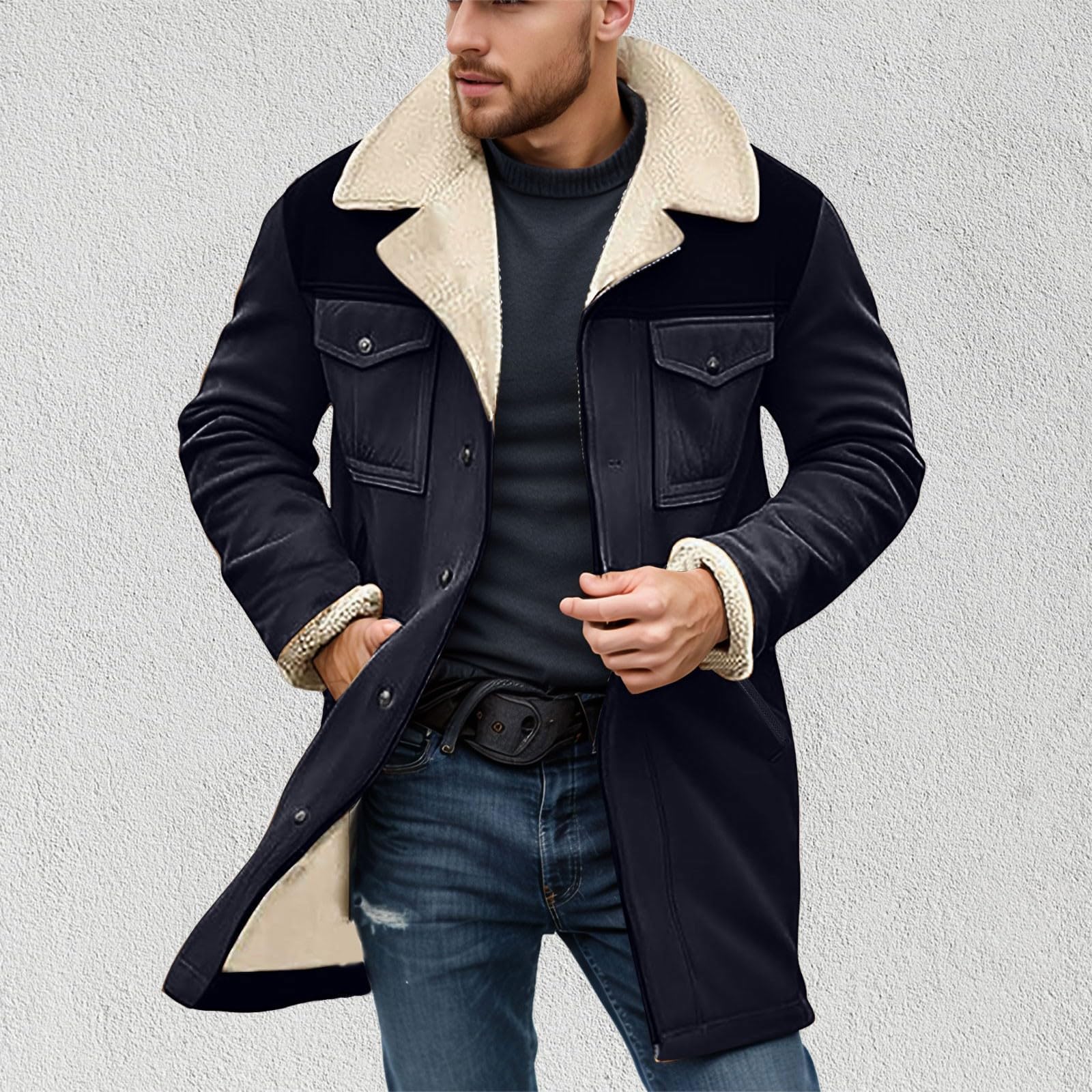 Generisch Giacca invernale da uomo lunga in pelle scamosciata, calda giacca da trekking tinta unita streetwear calda cappotto camoscio casual in pile trench cappotto caldo giacca invernale giacca