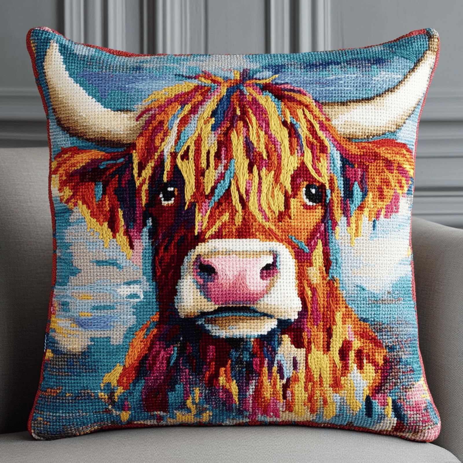 XDEGHUANGSS Highland Cattle Latch Hook Cushion Cover Kit 17x17 Inch, Pillow Making Kit for Adults & Beginners, Latch Hook Rug Kit for Women