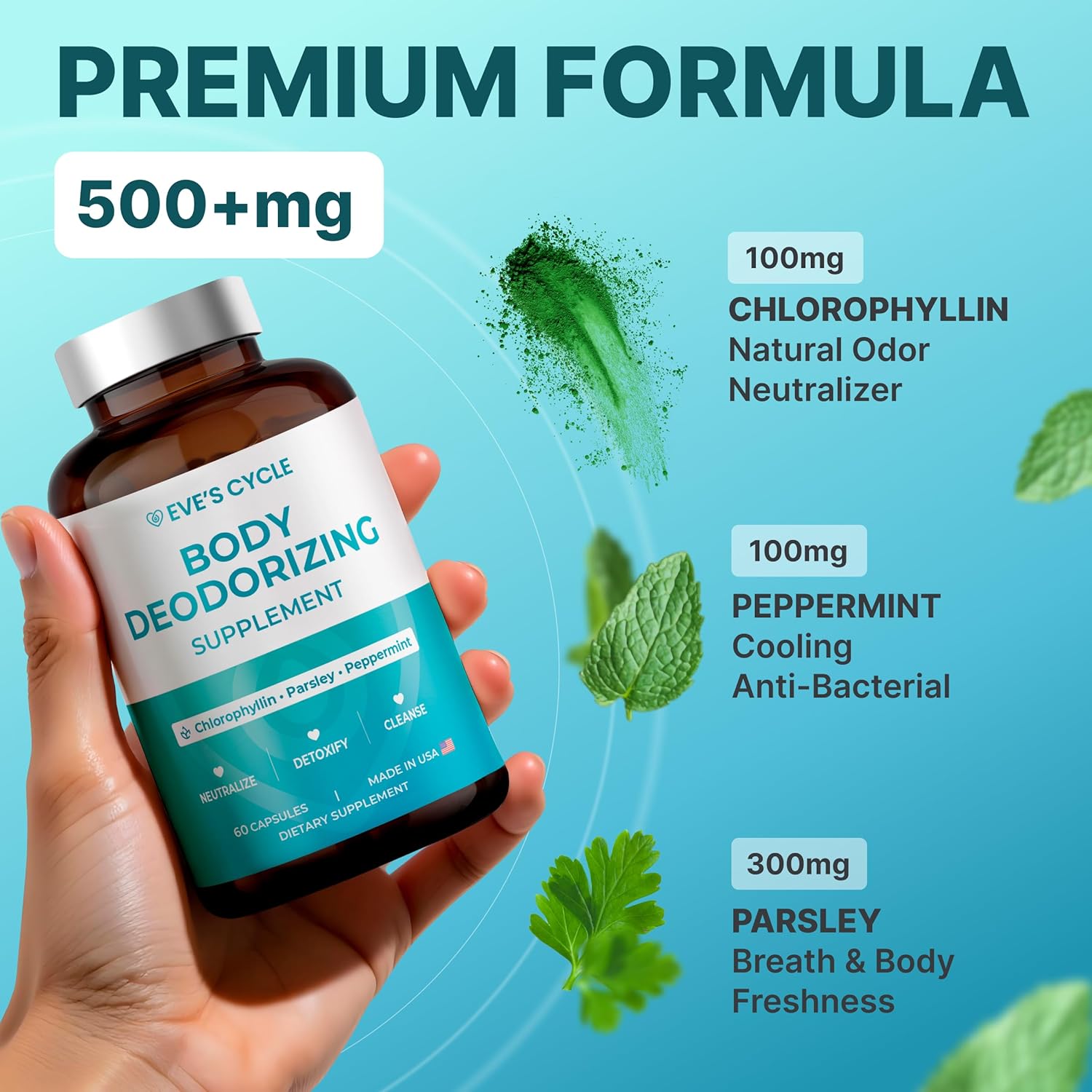 Body Deodorizing Supplement – Natural Internal Deodorant Chlorophyll Capsules with Chlorophyllin, Parsley & Peppermint – 60 Vegan 500mg+ Pills – Bad Breath, Daily Detox & Cleanse Support – Made in USA - Image 8