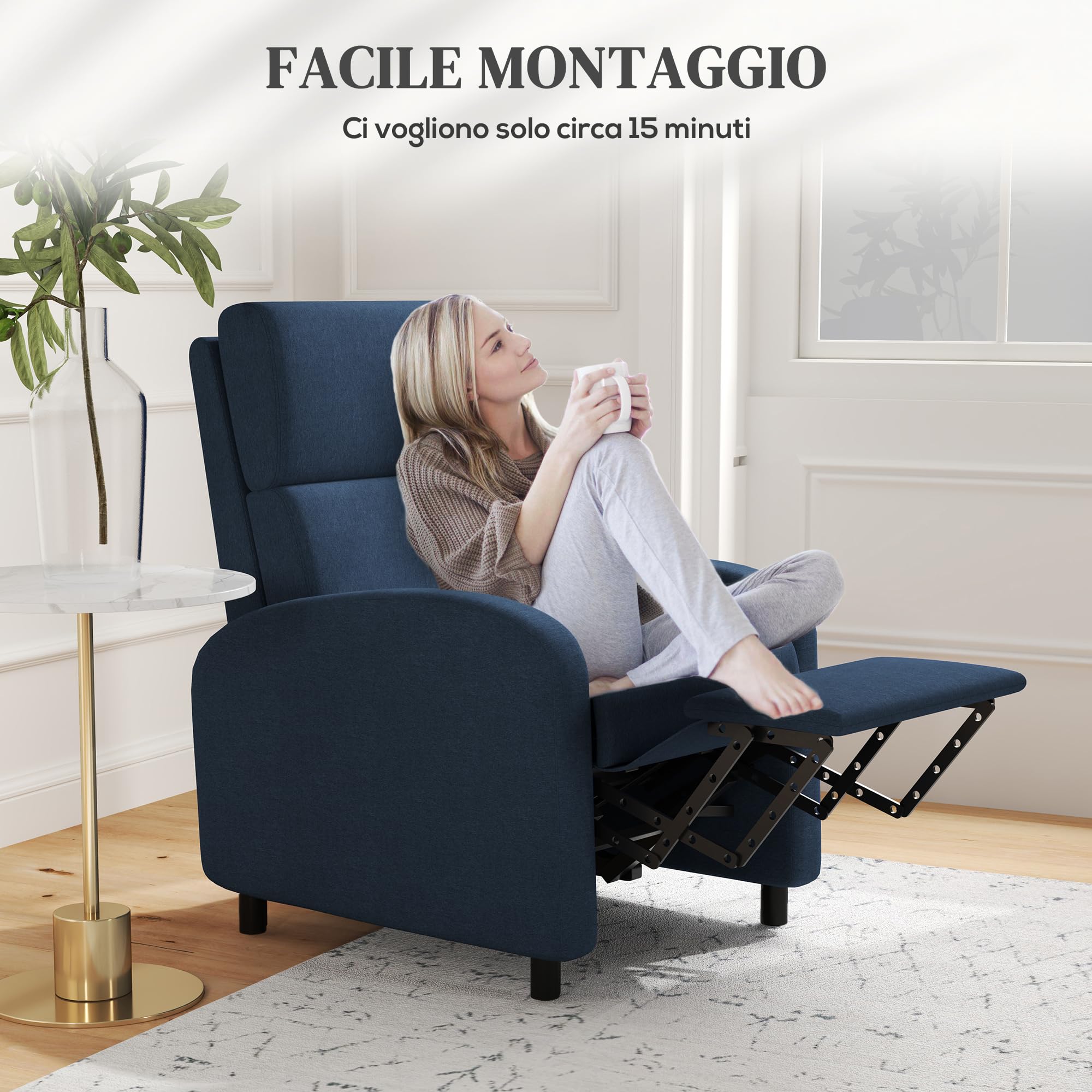 HOMCOM Poltrona Relax Reclinabile Manuale 160° con Poggiapiedi, Poltroncina Reclinabile Imbottita Ergonomica in Tessuto Effetto Lino per Camera da Letto, Ufficio, Salotto e Soggiorno, Blu