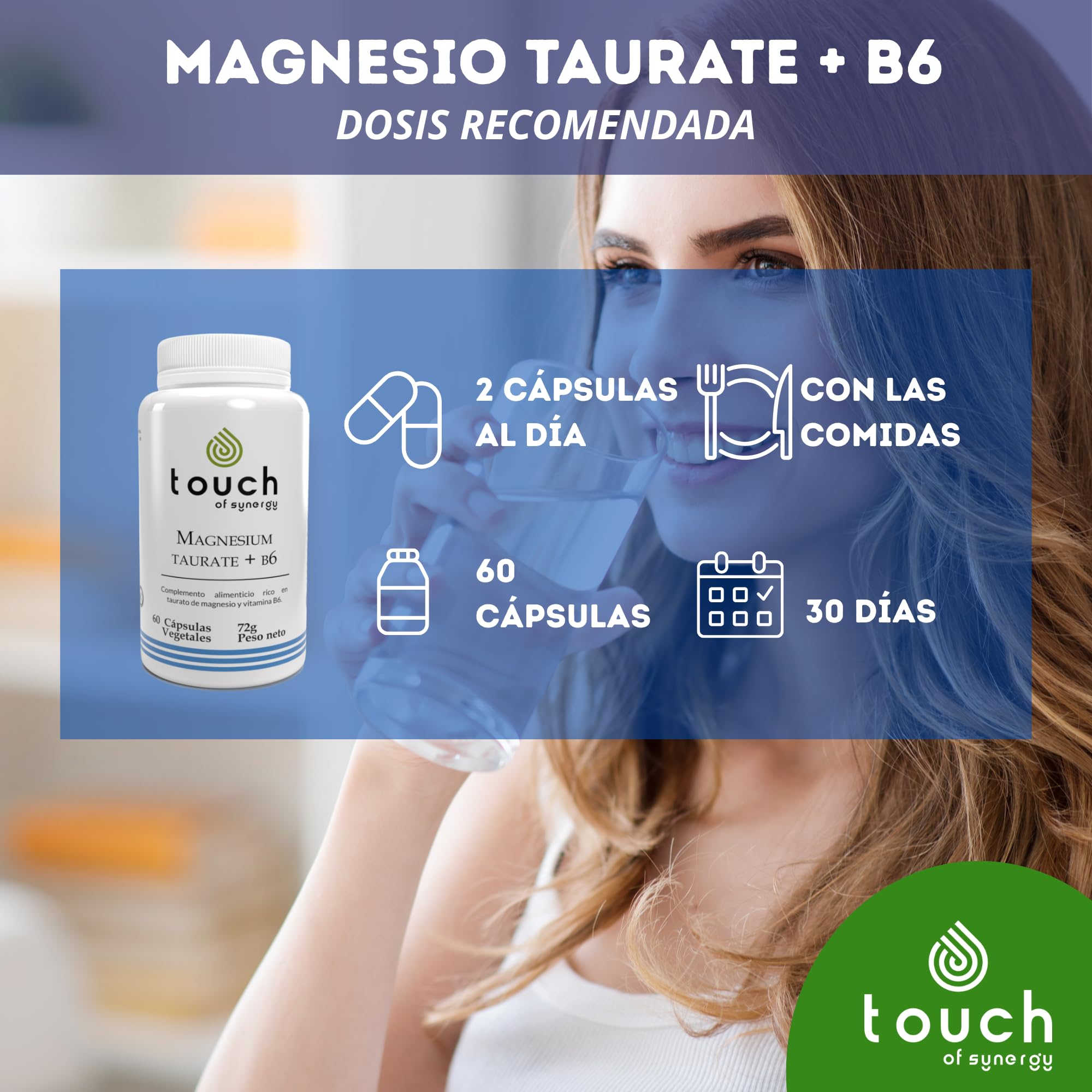 Magnesium Taurate + B6-60 Cápsulas - Suplemento de Magnesio y Vitamina B6 - Reduce el Estrés, Mejora el Sueño y la Función Muscular
